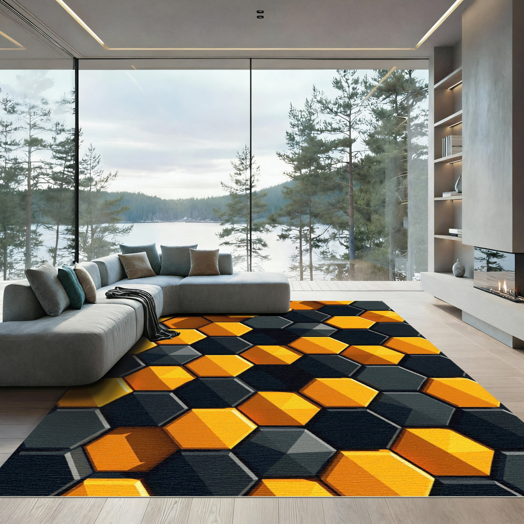 Bold Black and Amber Geometric Hexagon Rug