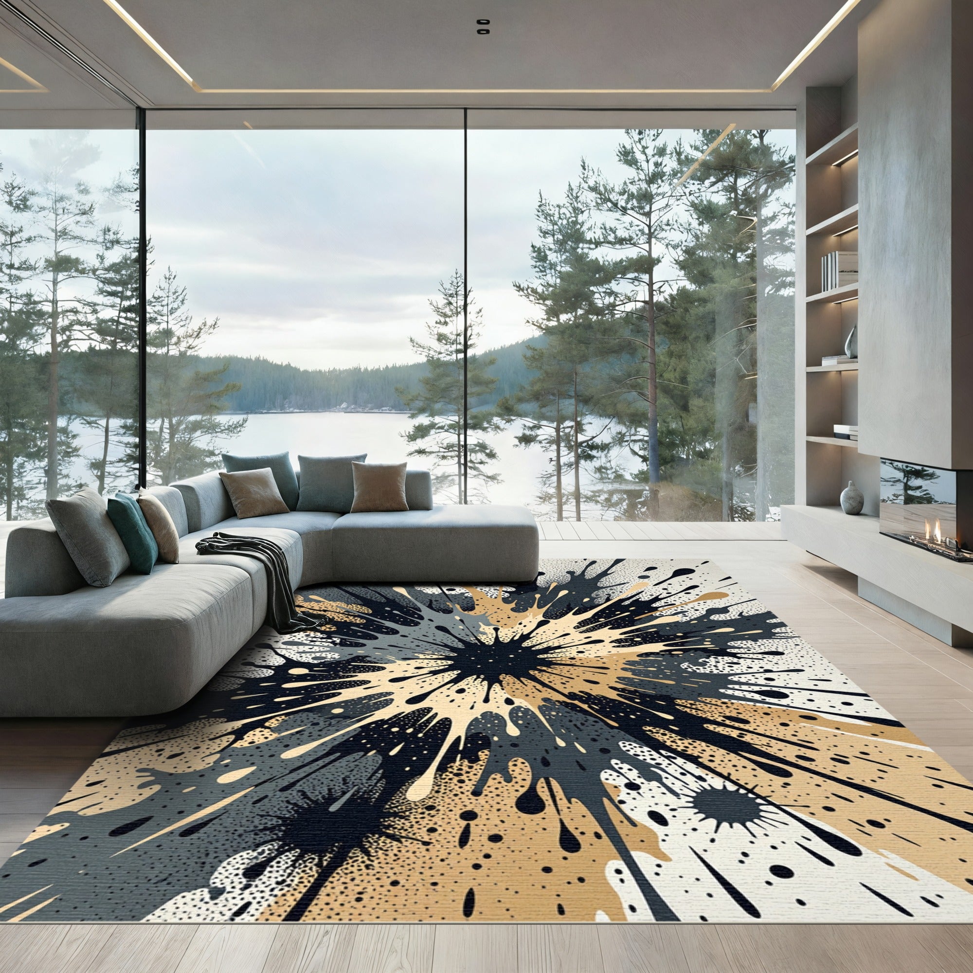 Abstract Splatter Burst Black Gold Grey Rug