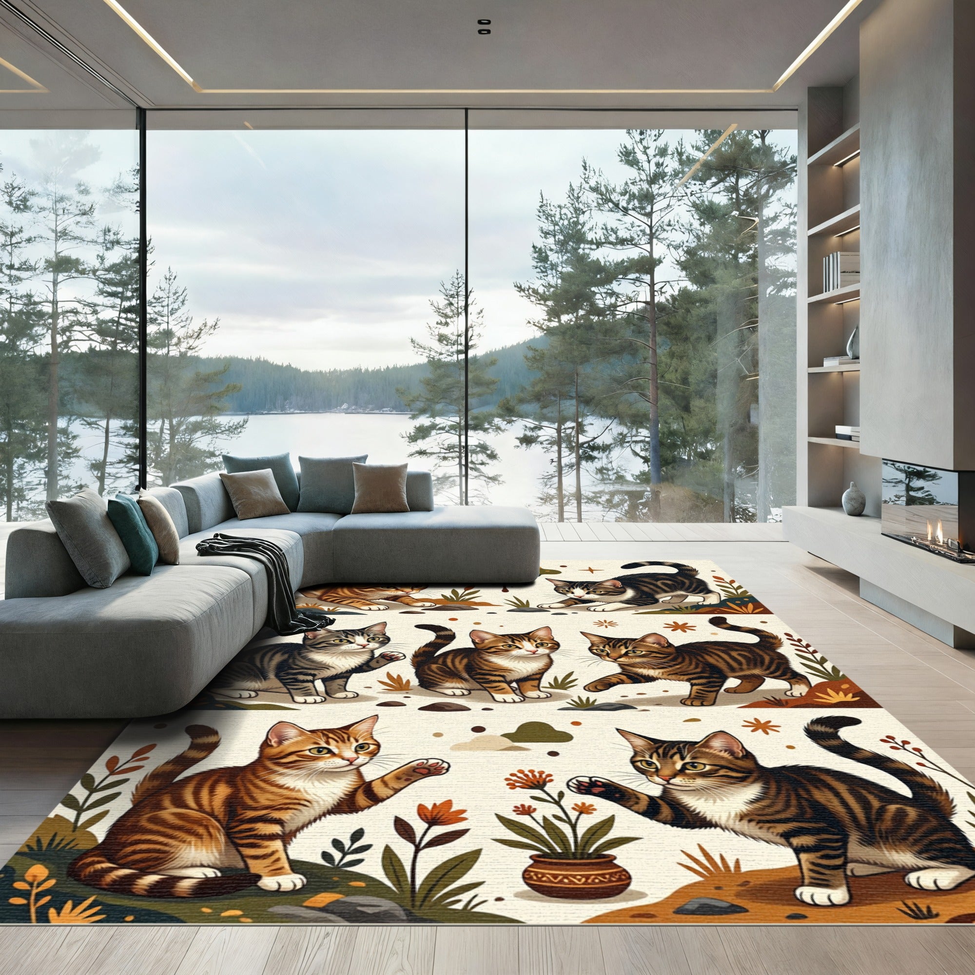 Cute Tabby Kittens Autumn Garden Scene Rug