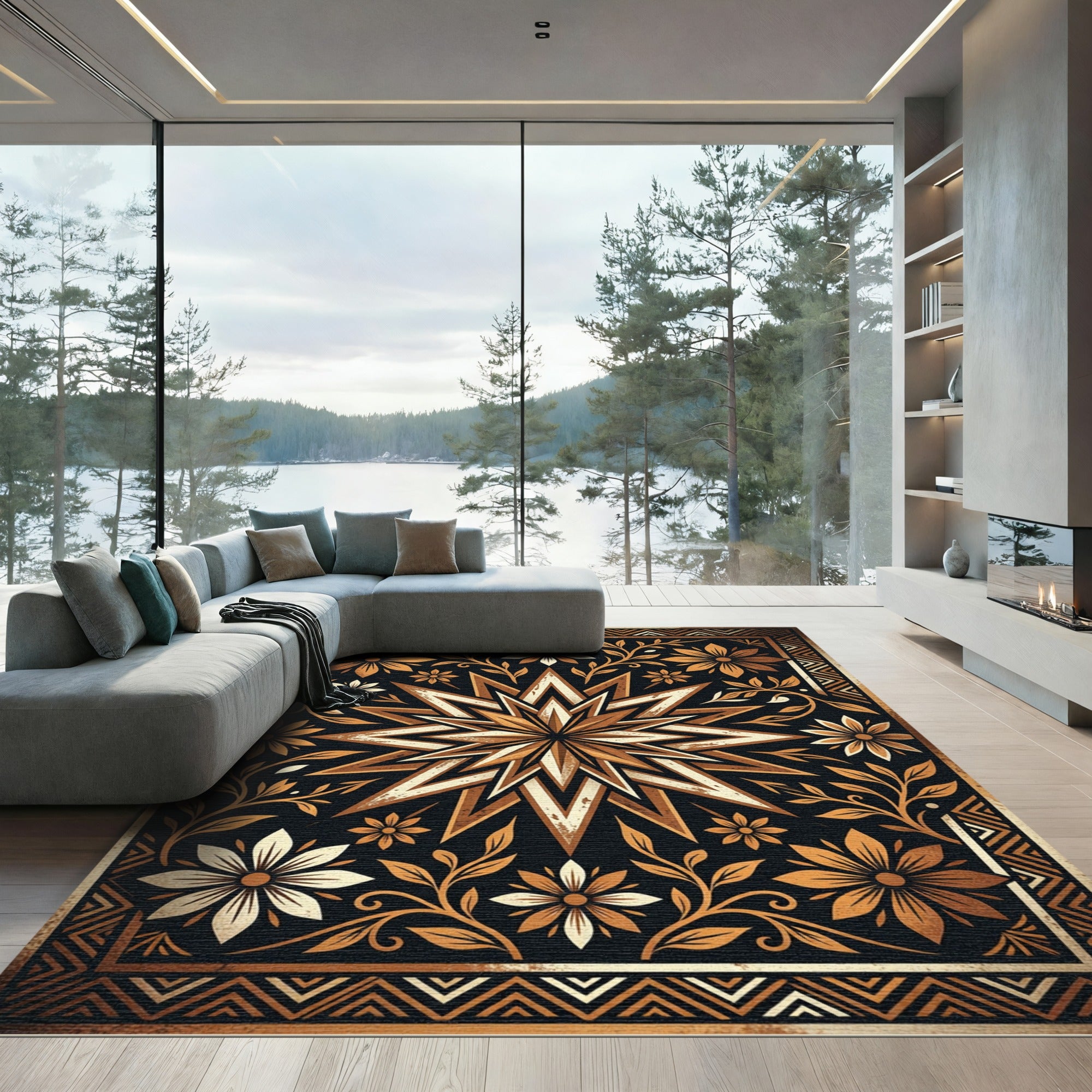 Antique Gold Star Floral Border Rug