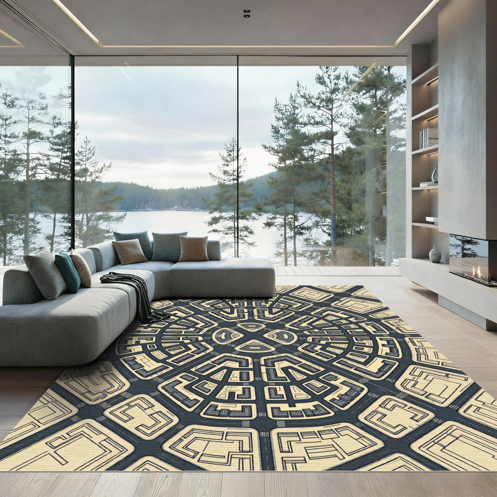 Architectural Radial Urban Grid Monochromatic Rug