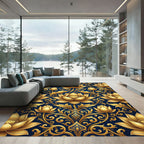 Golden Lotus Floral Navy Damask Rug