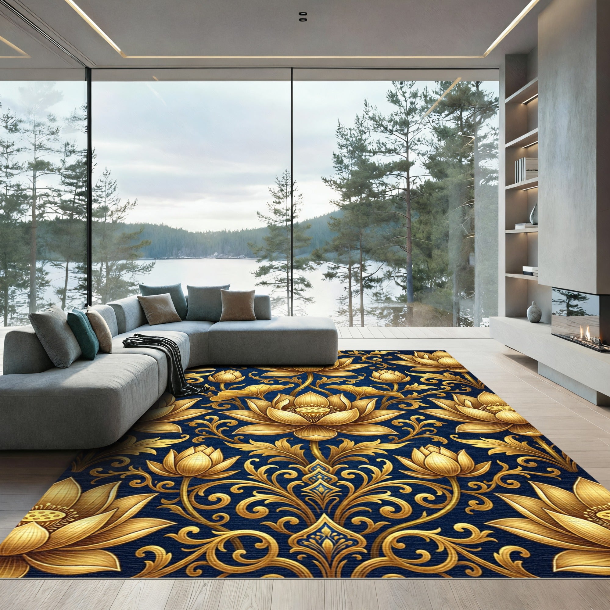 Golden Lotus Floral Navy Damask Rug
