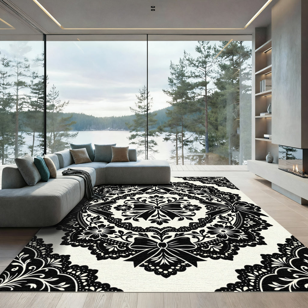 Black Lace Bow Floral Medallion Rug