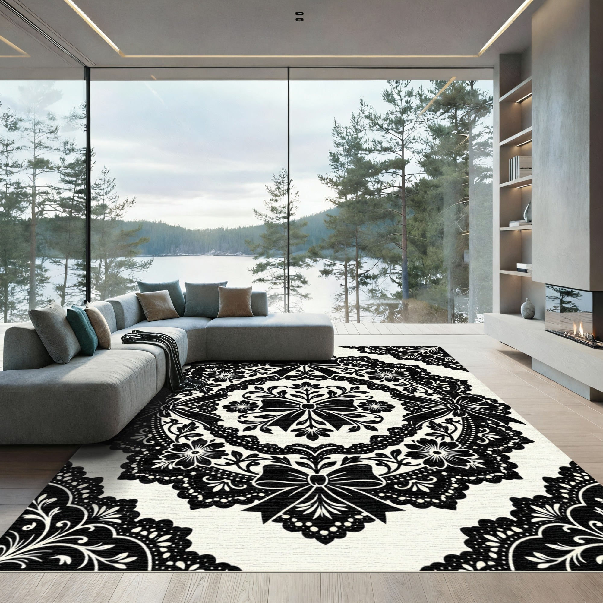 Black Lace Bow Floral Medallion Rug