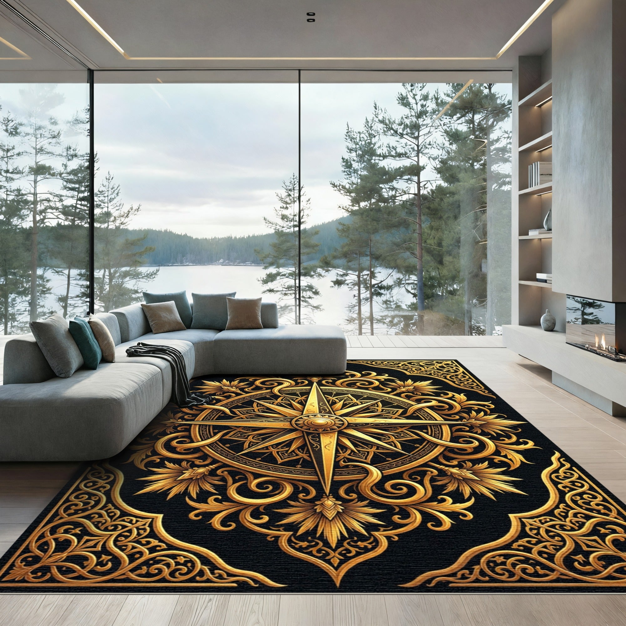 Ornate Gold Filigree Compass Medallion Rug