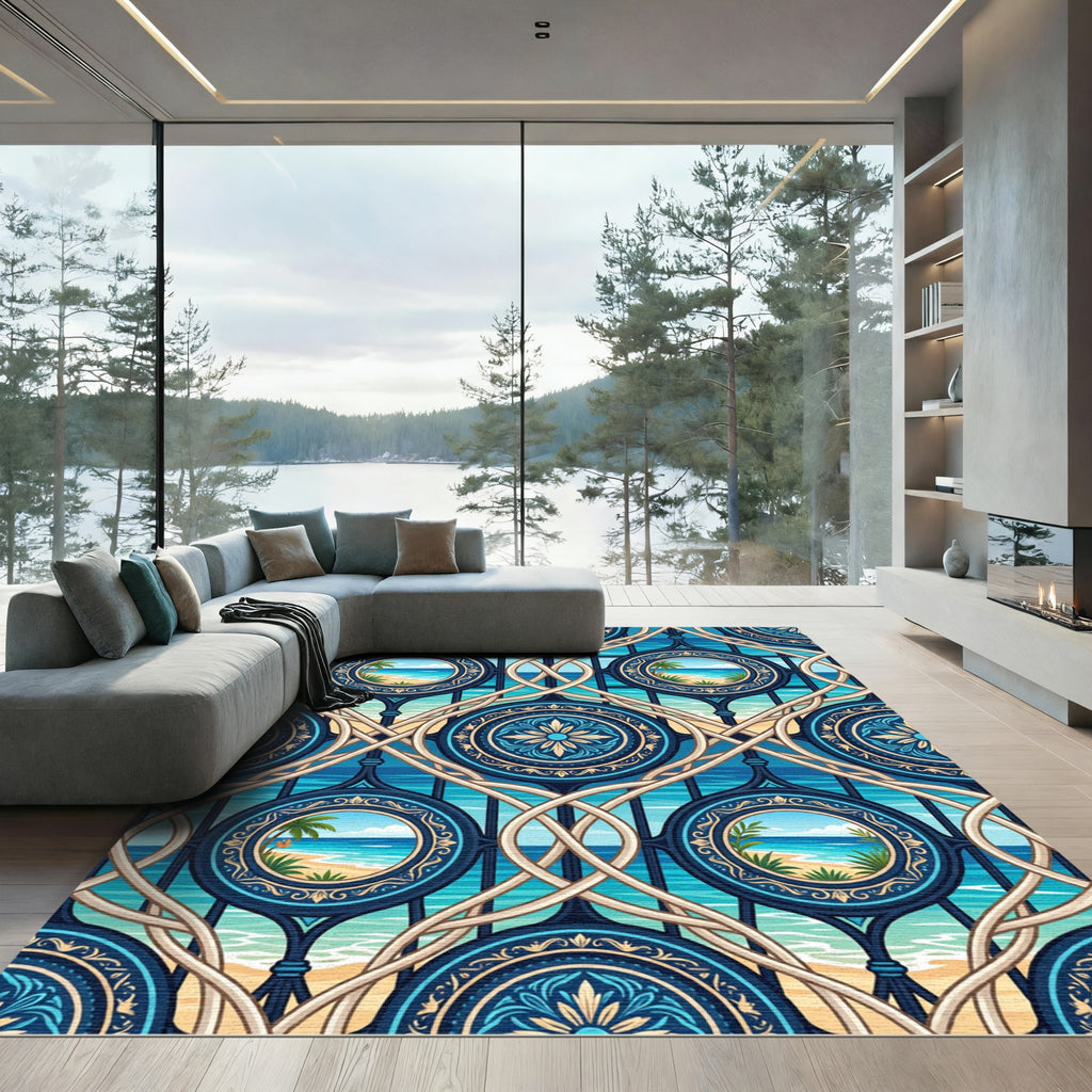 Coastal Blue Ocean View Medallion Rug