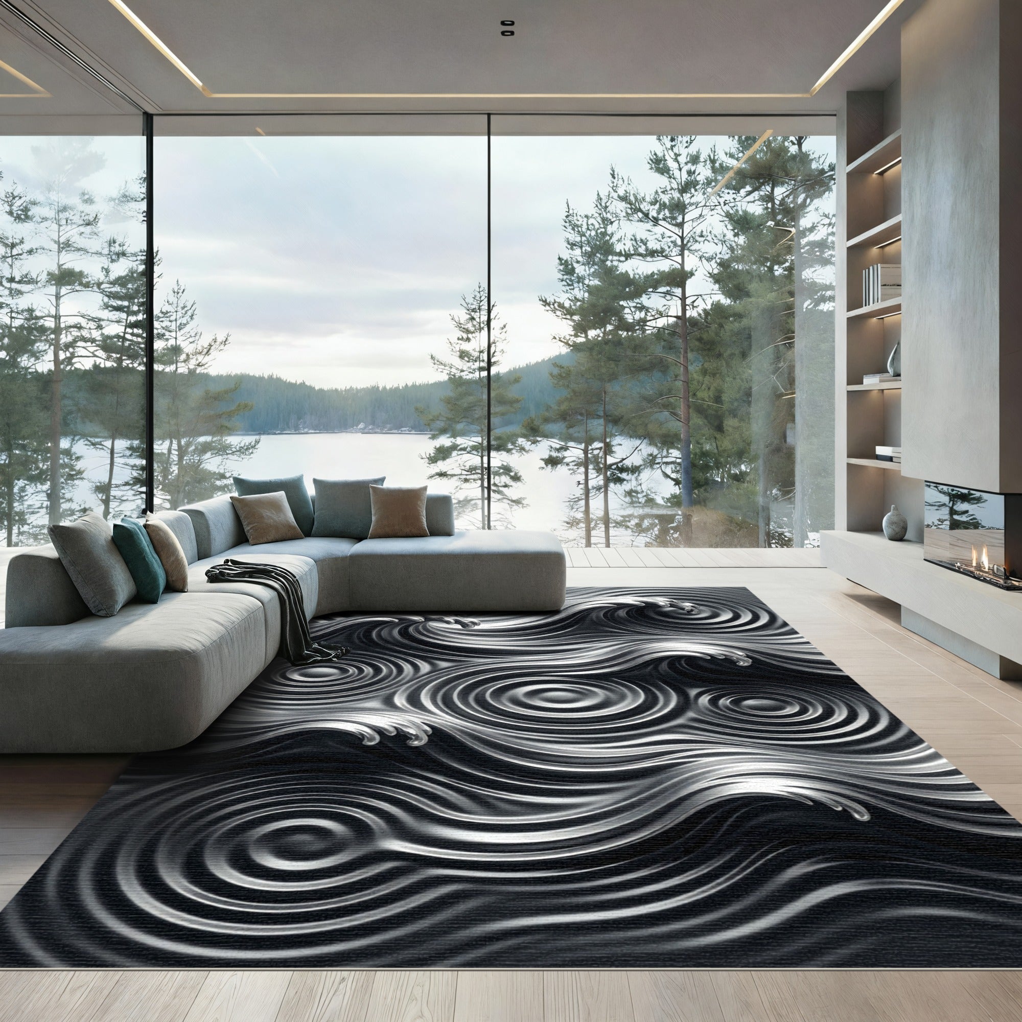 Monochromatic Metallic Liquid Wave Swirls Rug