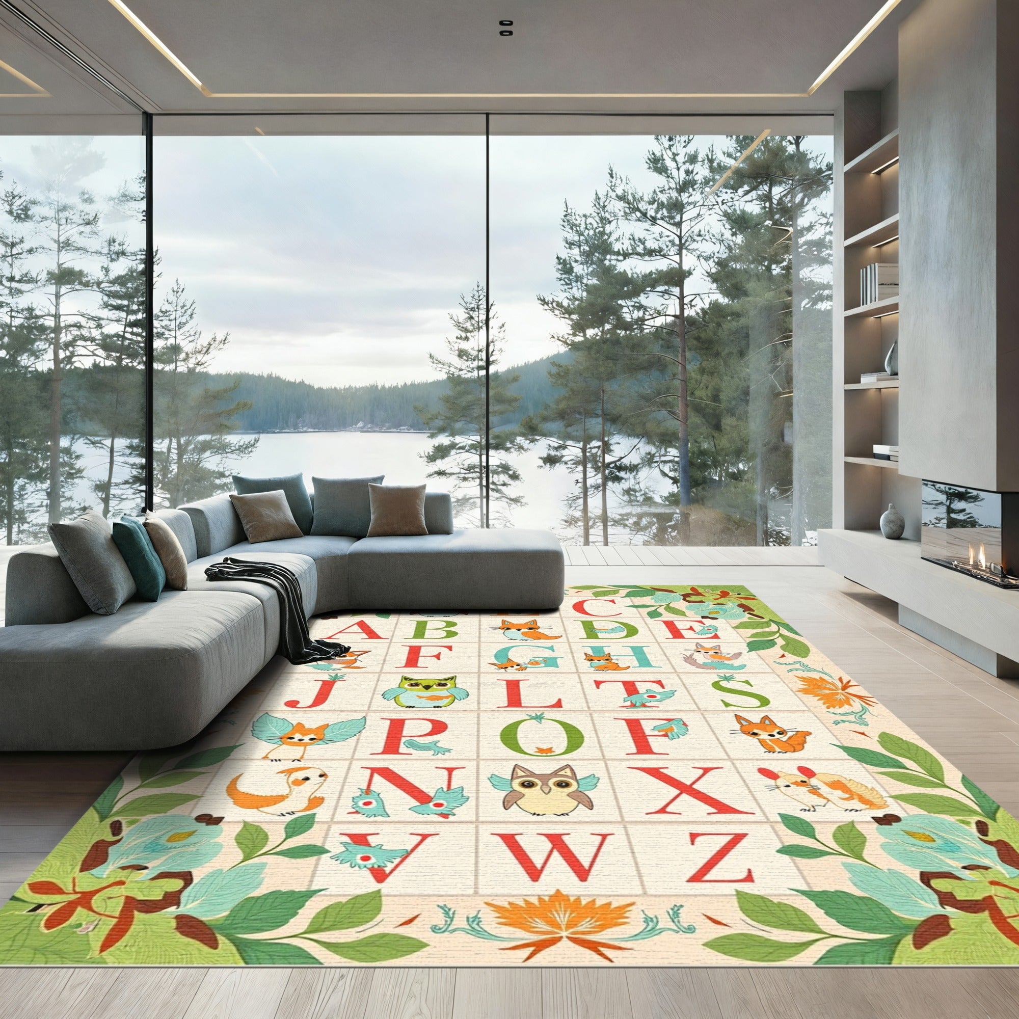 Woodland Alphabet Fox Owl Critter Border Rug