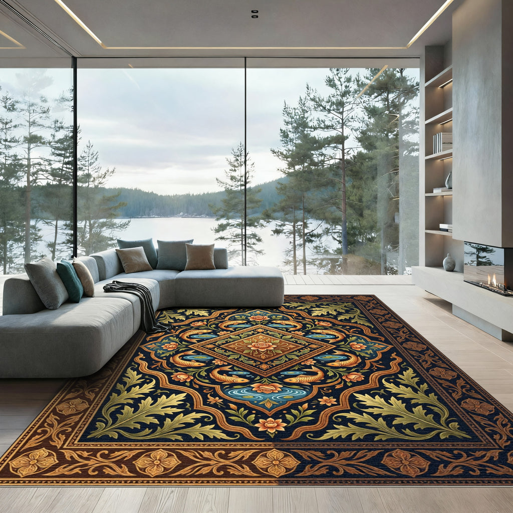 Deep Blue Golden Fish Floral Medallion Rug