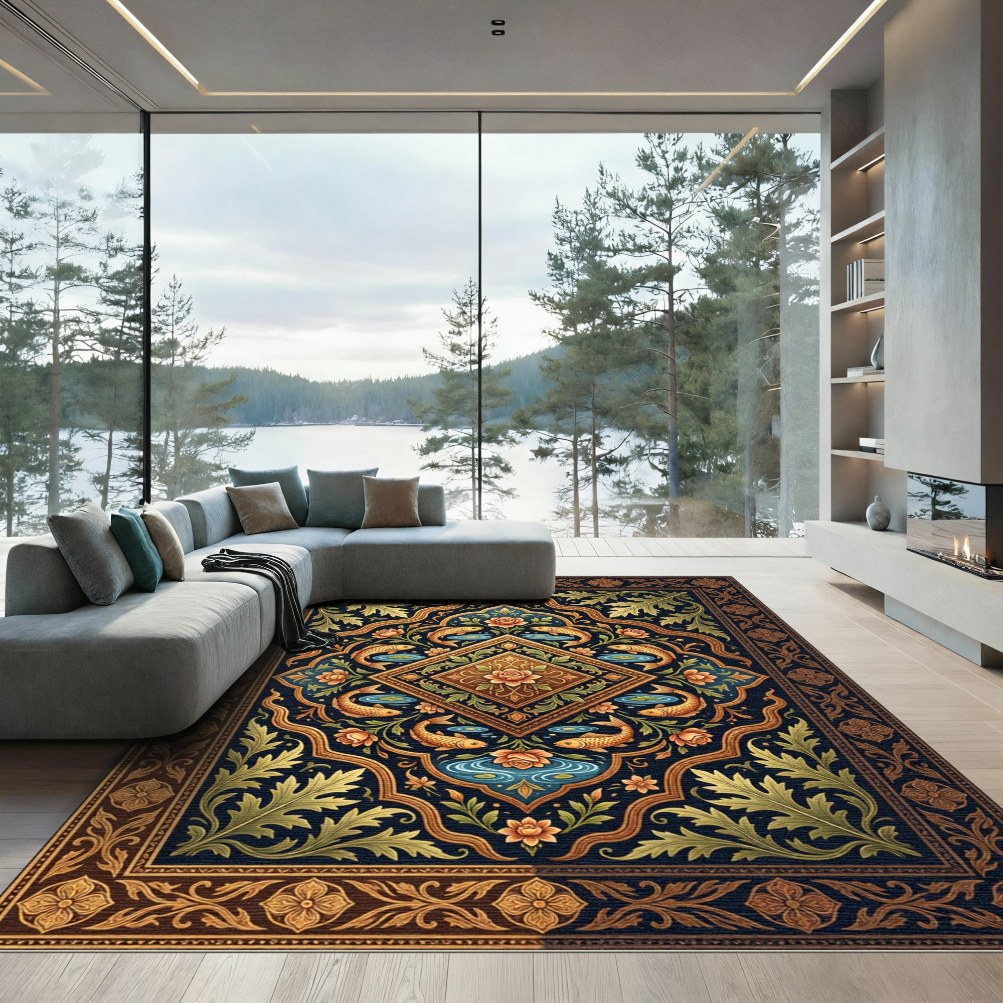 Deep Blue Golden Fish Floral Medallion Rug
