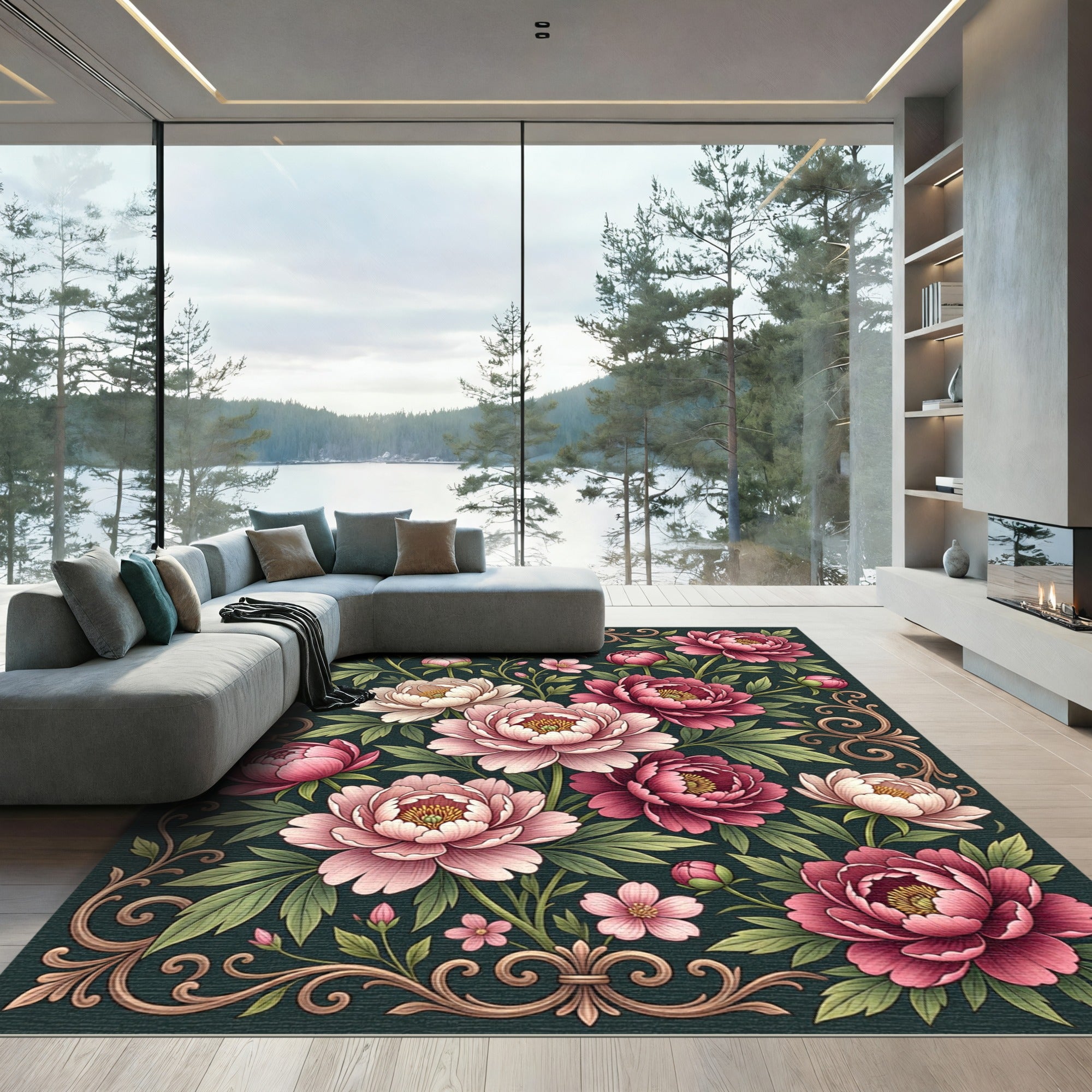 Romantic Blush Peony Botanical Scroll Rug
