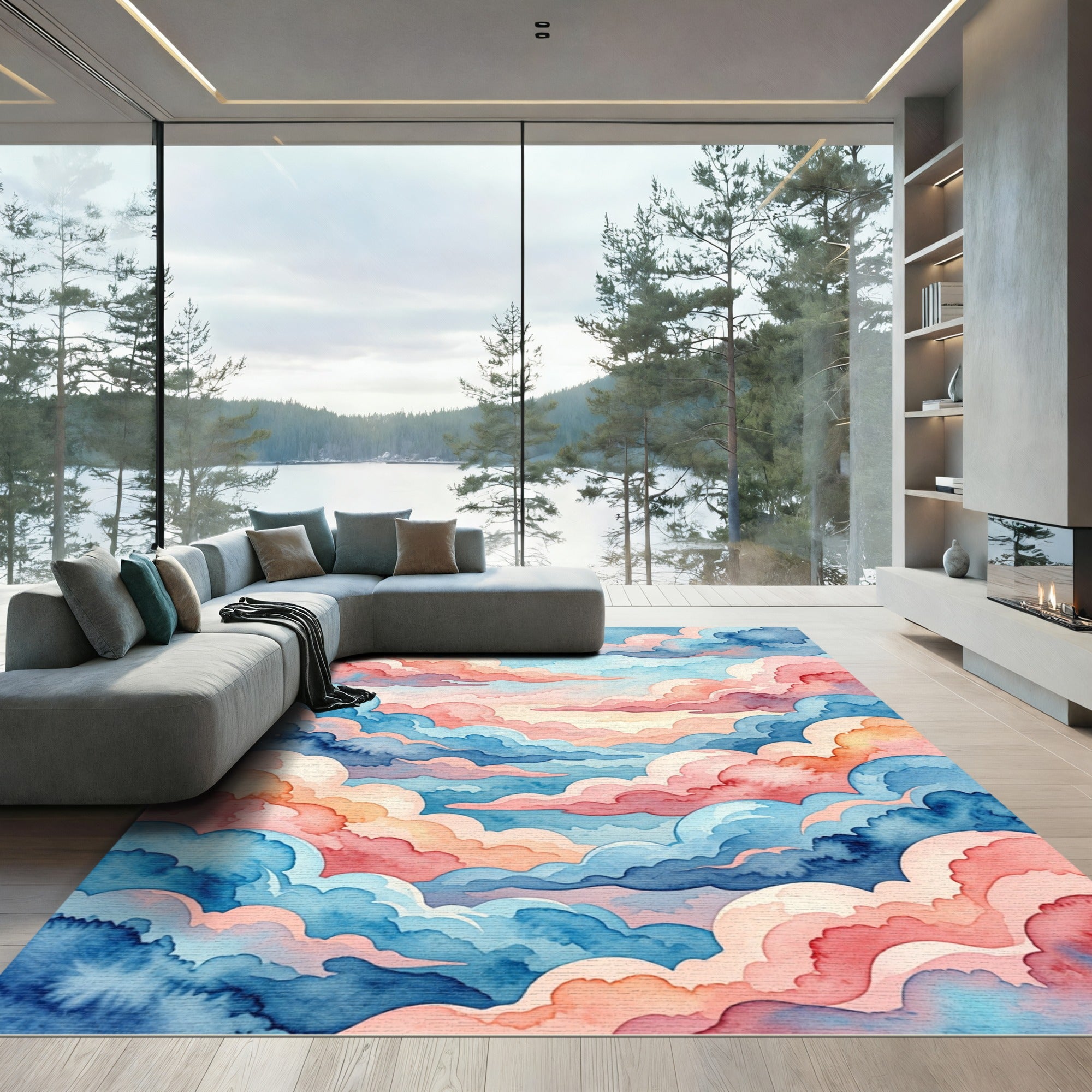 Watercolor Pink and Azure Cloudscape Rug