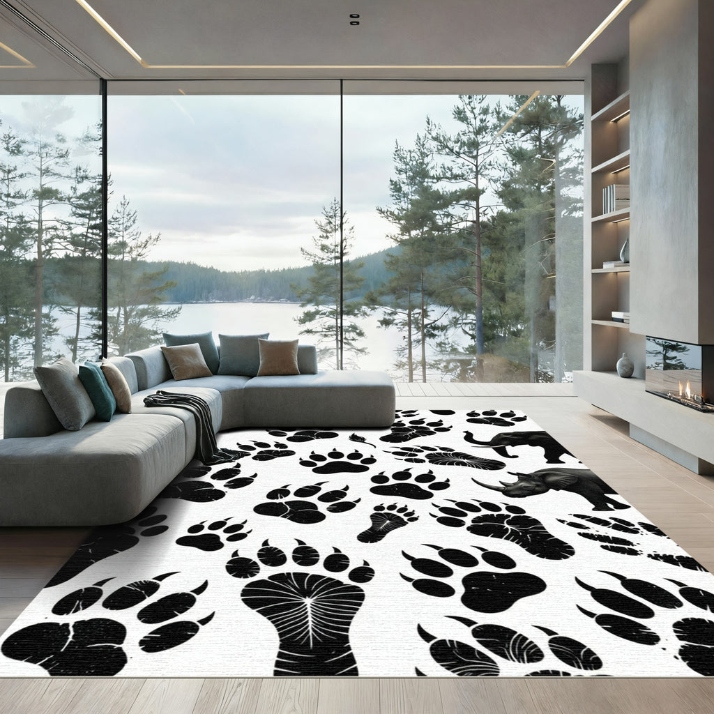 Monochrome Safari Animal Track Silhouette Rug
