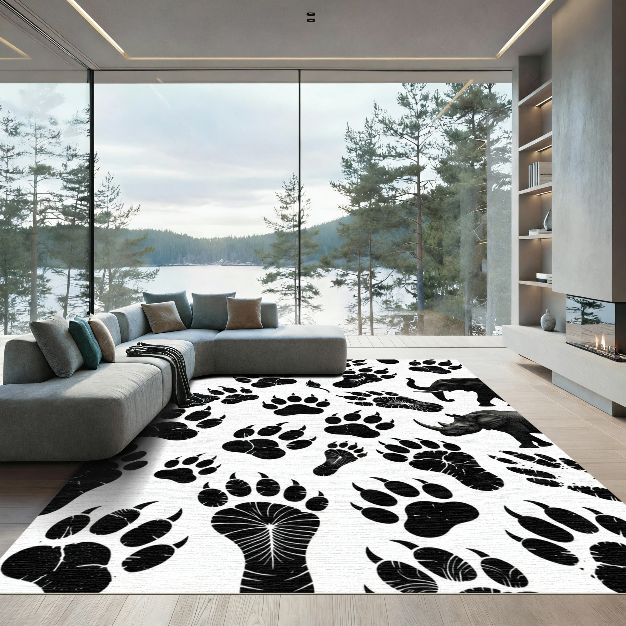 Monochrome Safari Animal Track Silhouette Rug