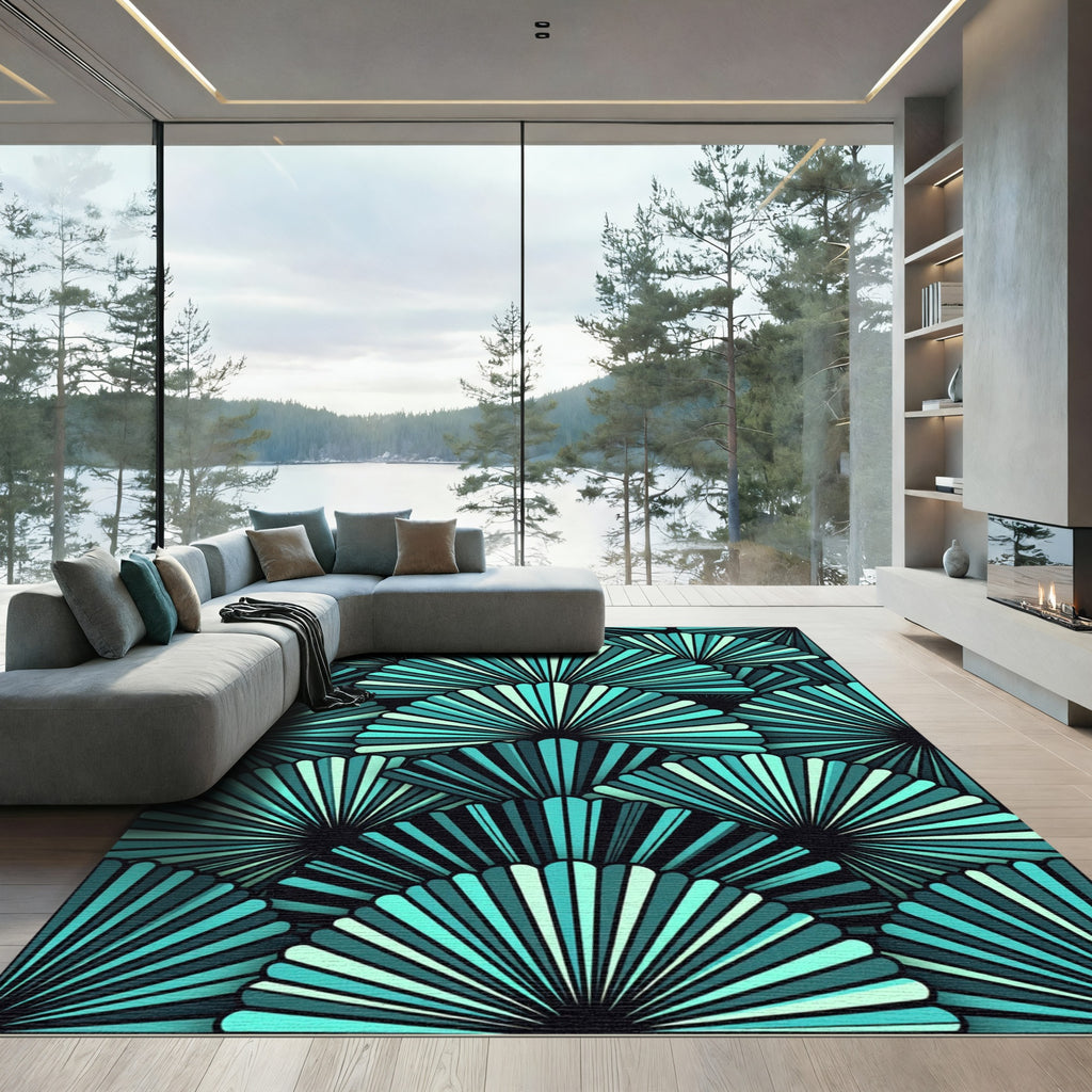 Art Deco Teal Fan Geometric Rug