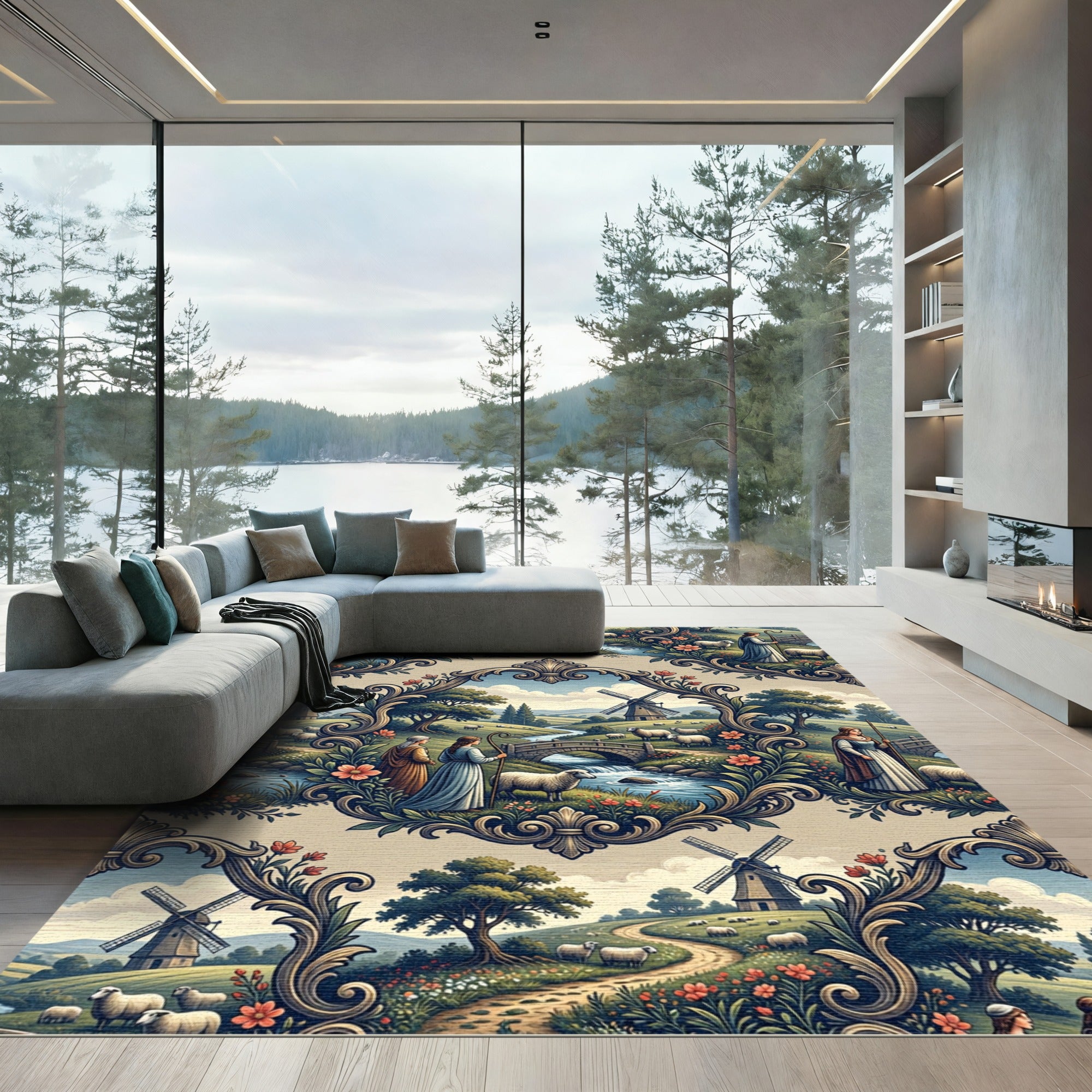 Pastoral Shepherdess Toile Floral Scroll Landscape Rug