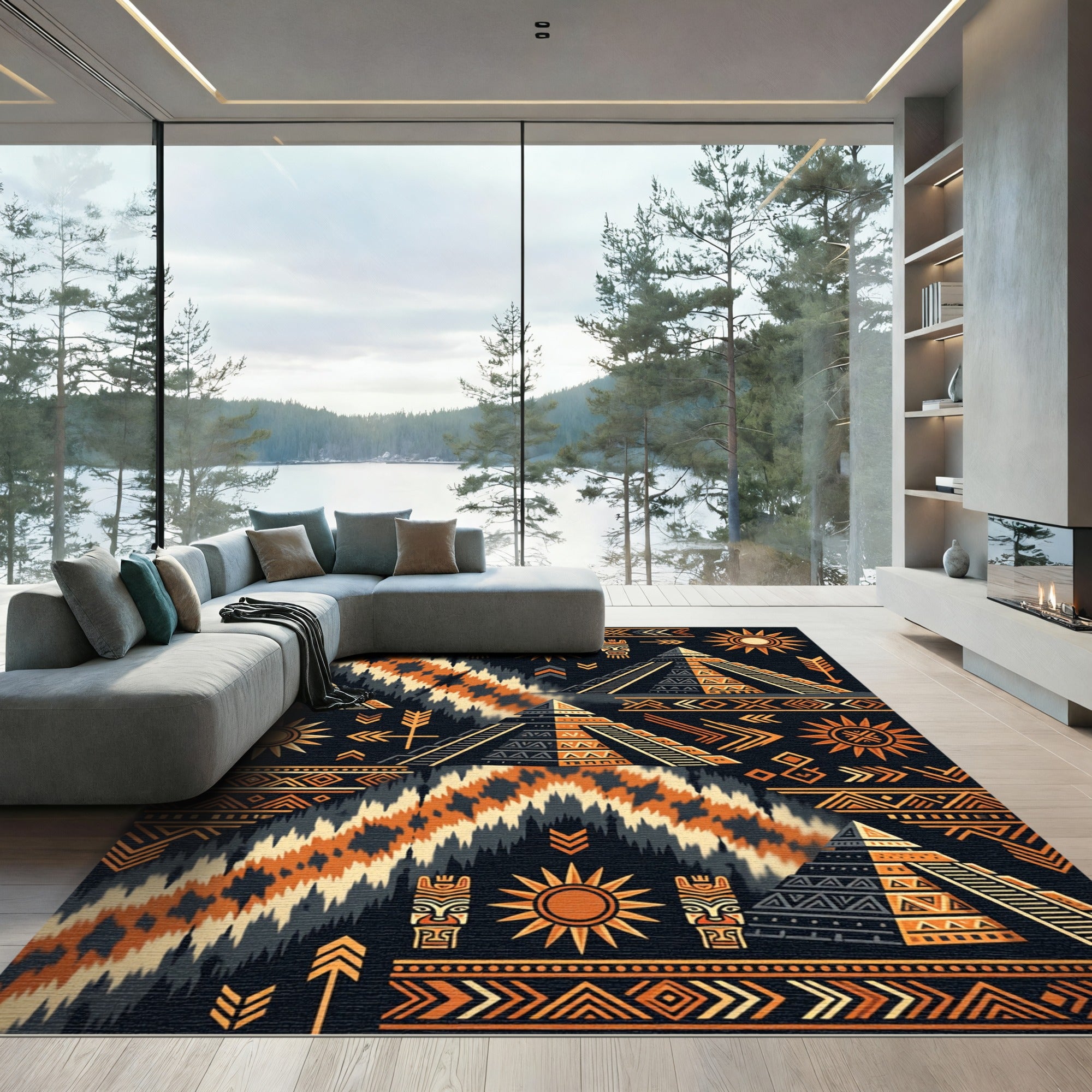 Ancestral Sun Pyramid Tribal Geometric Rug