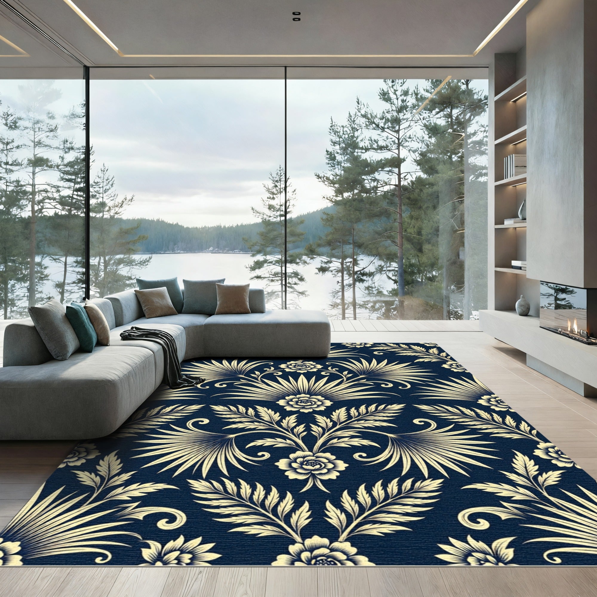 Elegant Navy and Cream Botanical Damask Rug