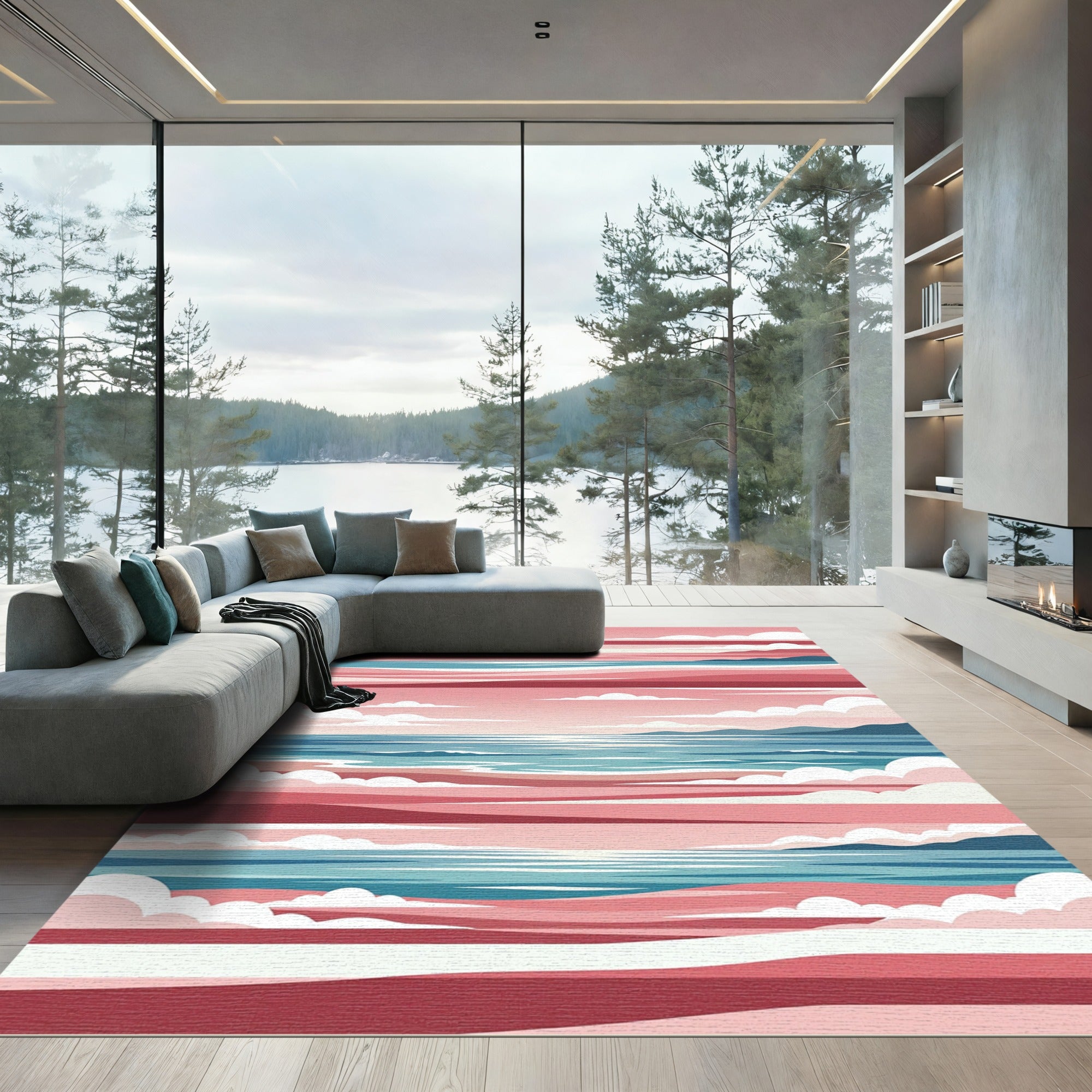 Red Pink Stripe Ocean Sunset Rug
