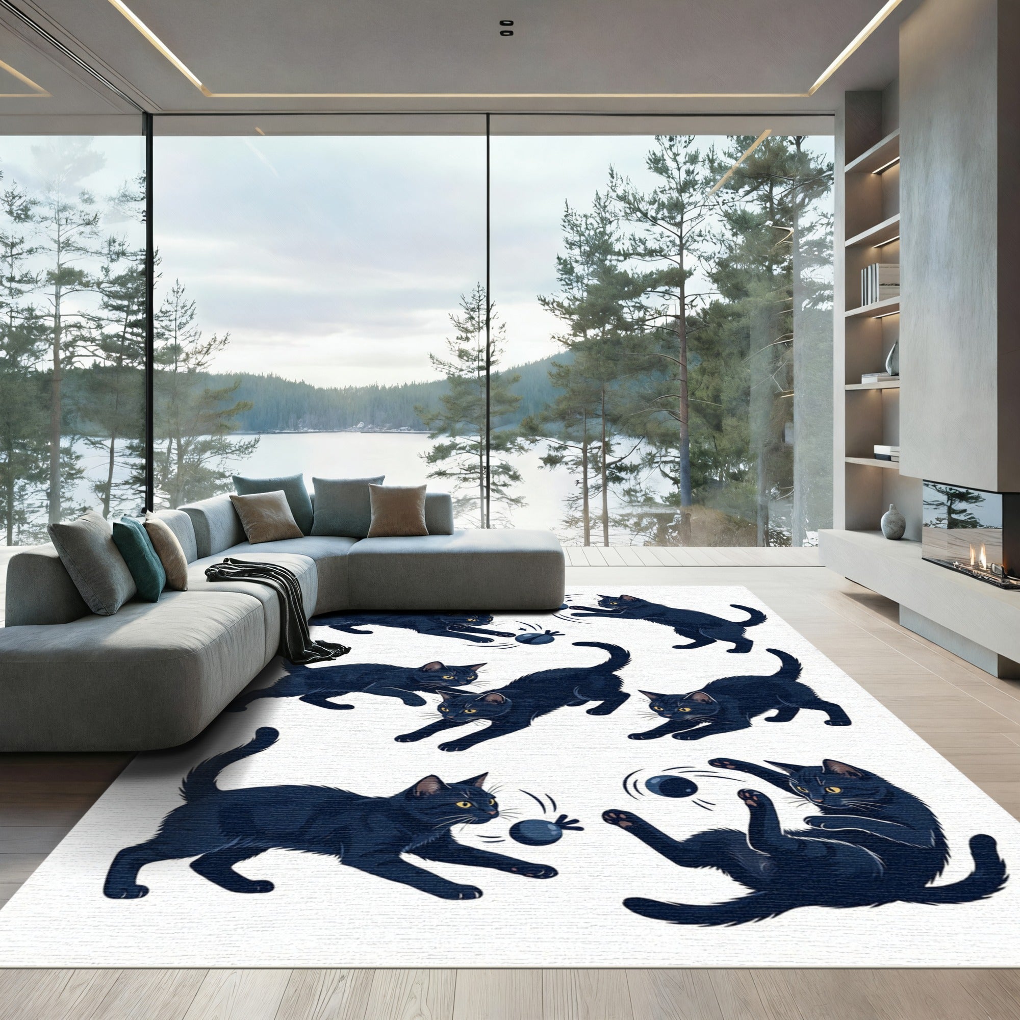 Playful Black Cat Action Illustration Rug