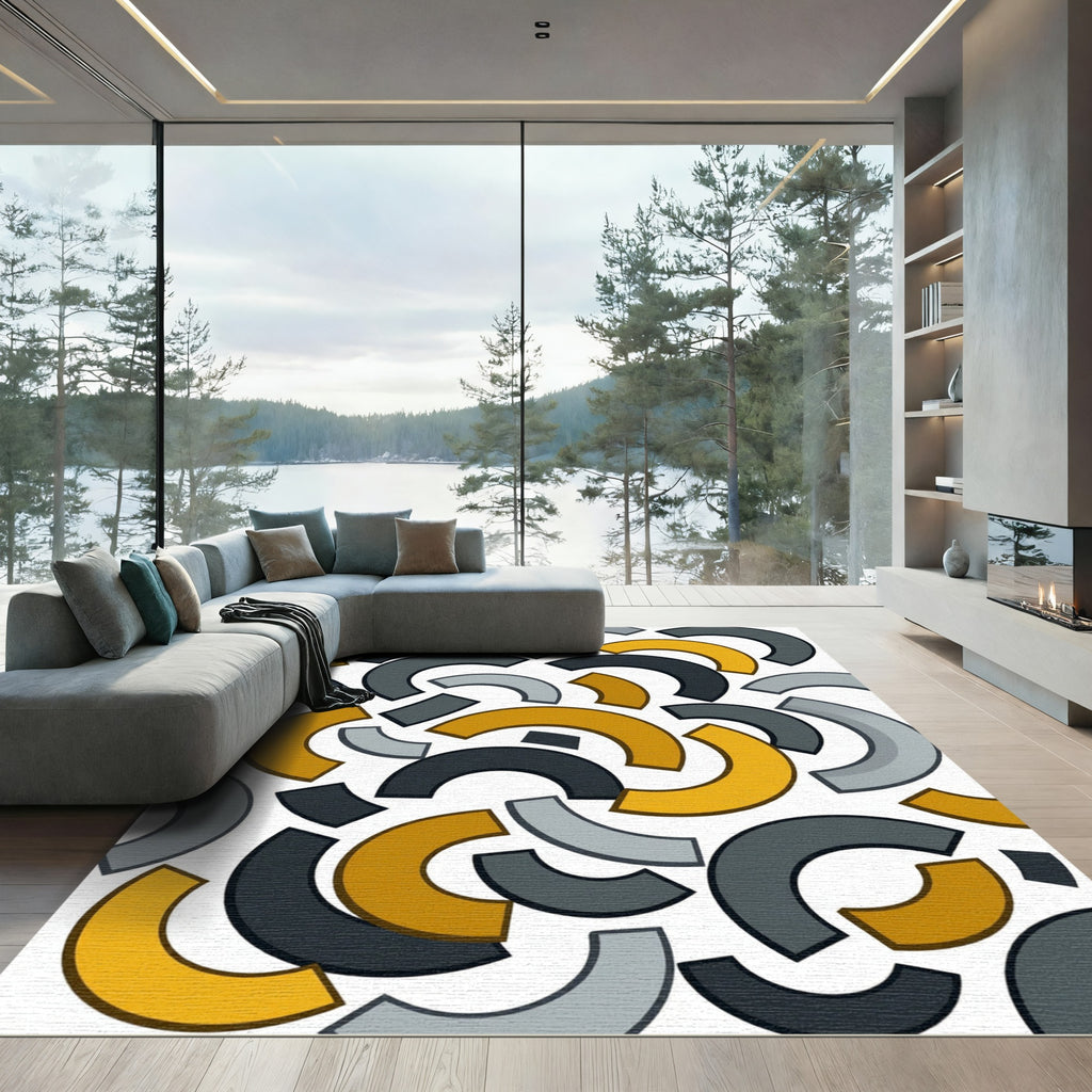 Abstract Arcs Ochre Gray Charcoal Rug