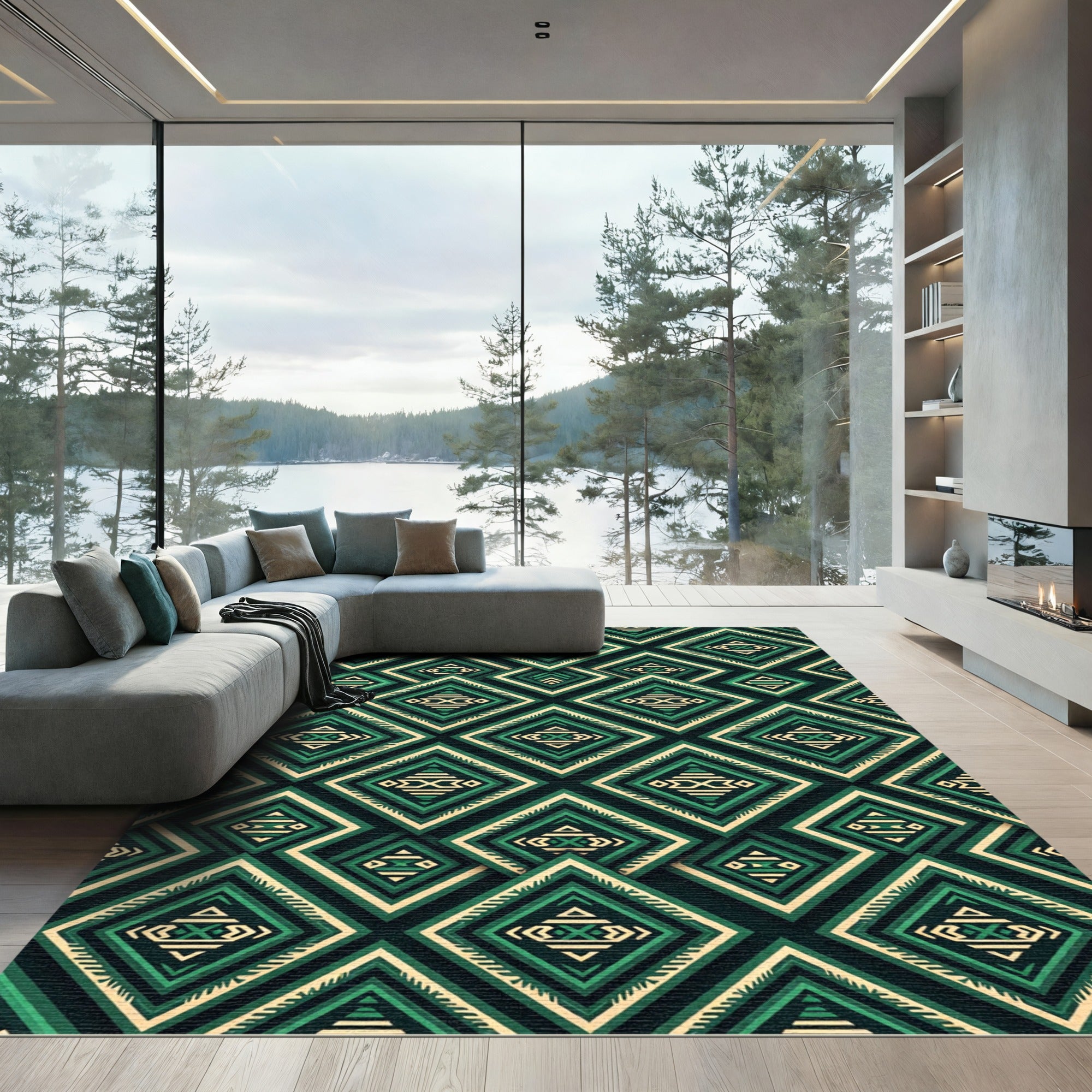 Deep Green Diamond Tribal Arrangement Rug