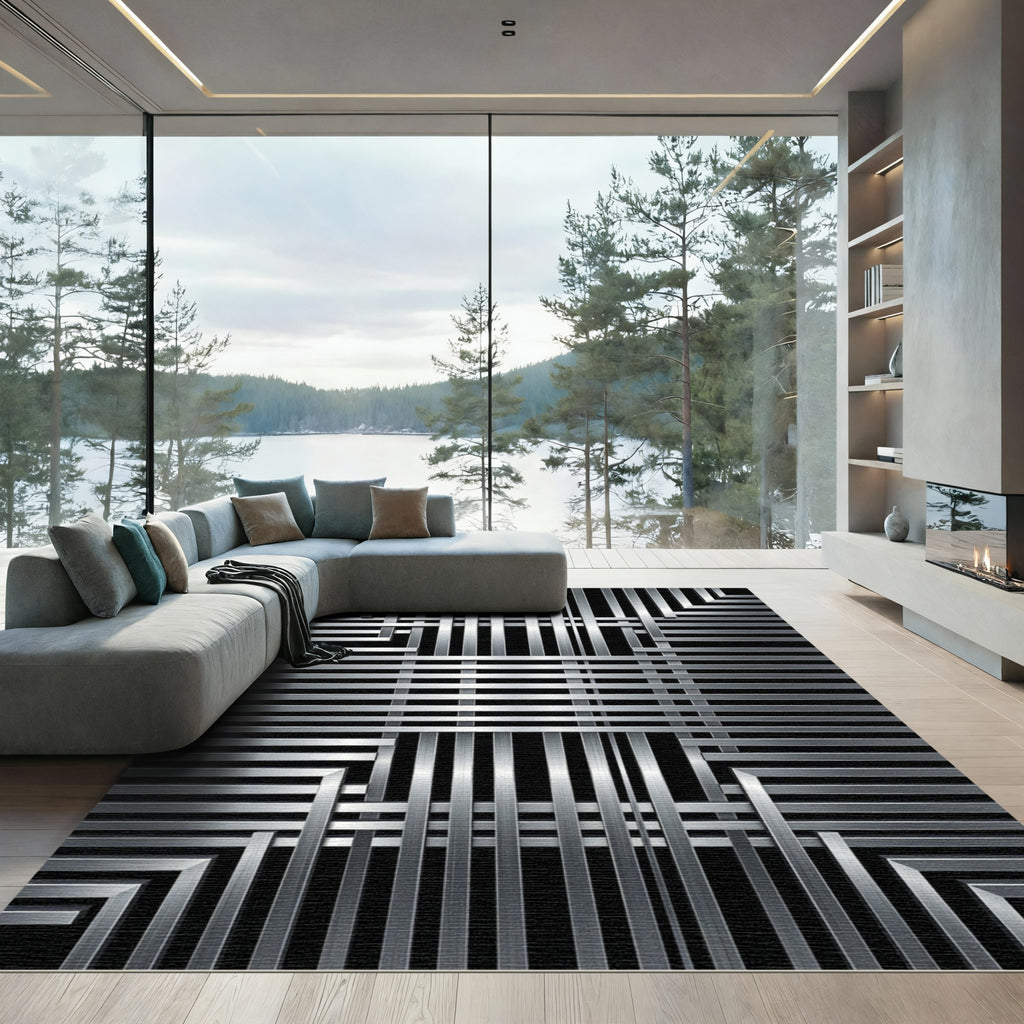 Modern Brushed Silver Industrial Lattice Rug