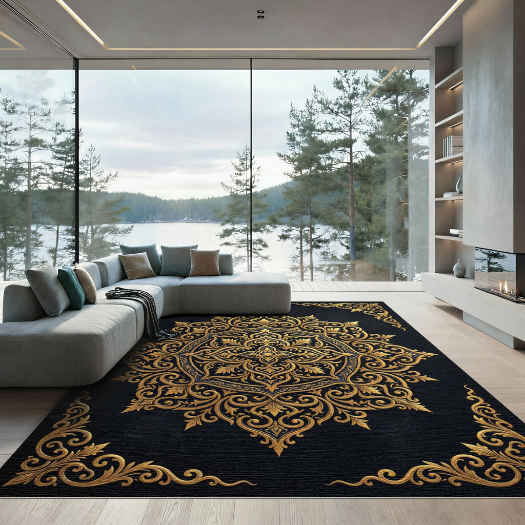 Ornate Golden Filigree Black Medallion Rug