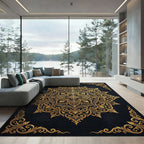 Ornate Golden Filigree Black Medallion Rug