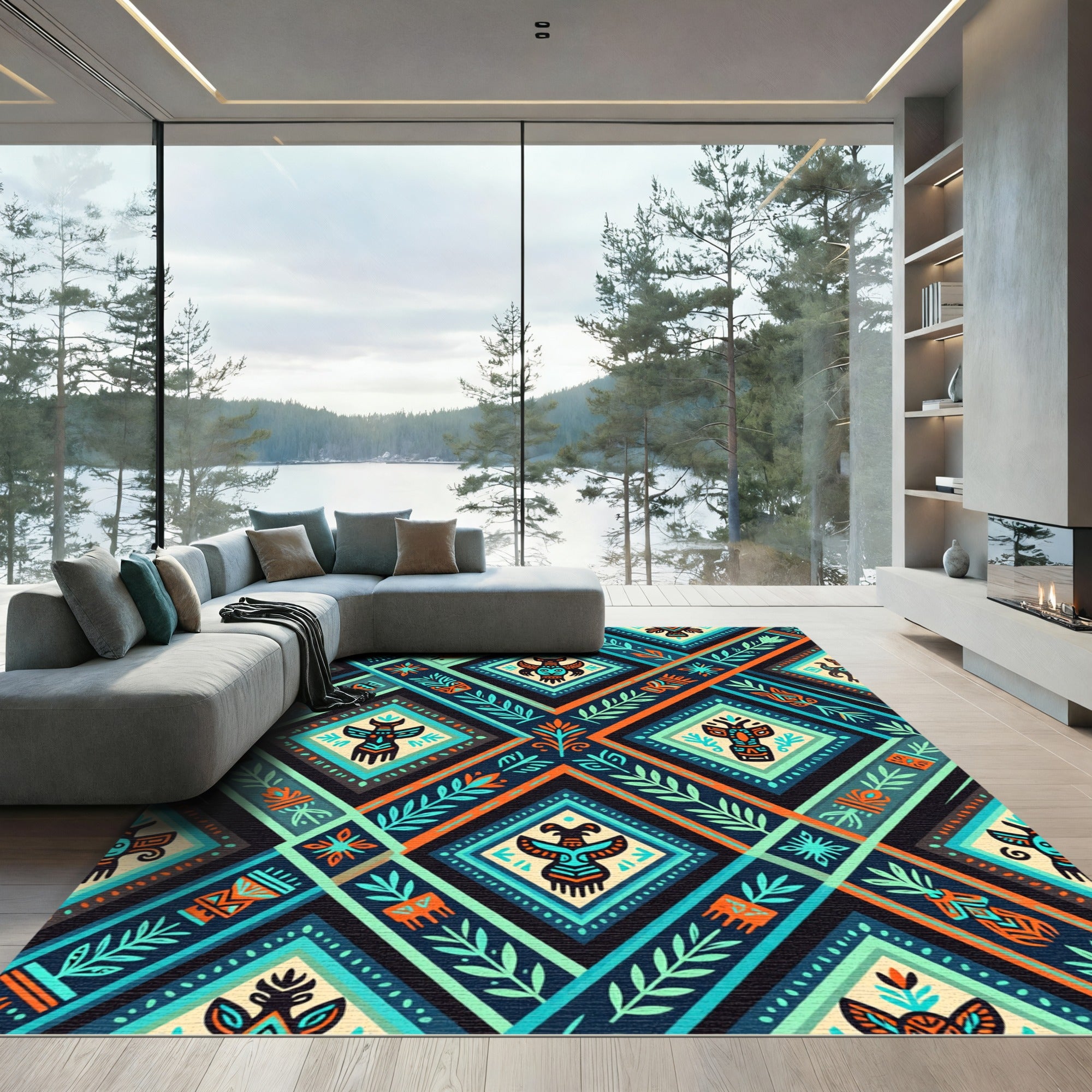 Vibrant Tribal Teal Orange Diamond Geometric Rug
