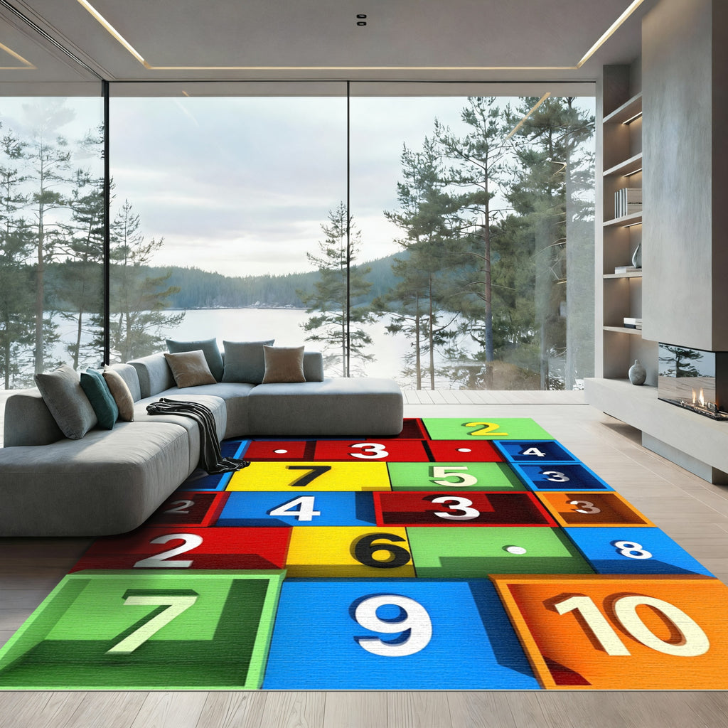 Vibrant Multicolored Geometric Number Box Grid Rug