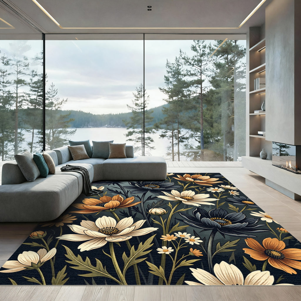 Dark Crimson Orange White Floral Arrangement Rug