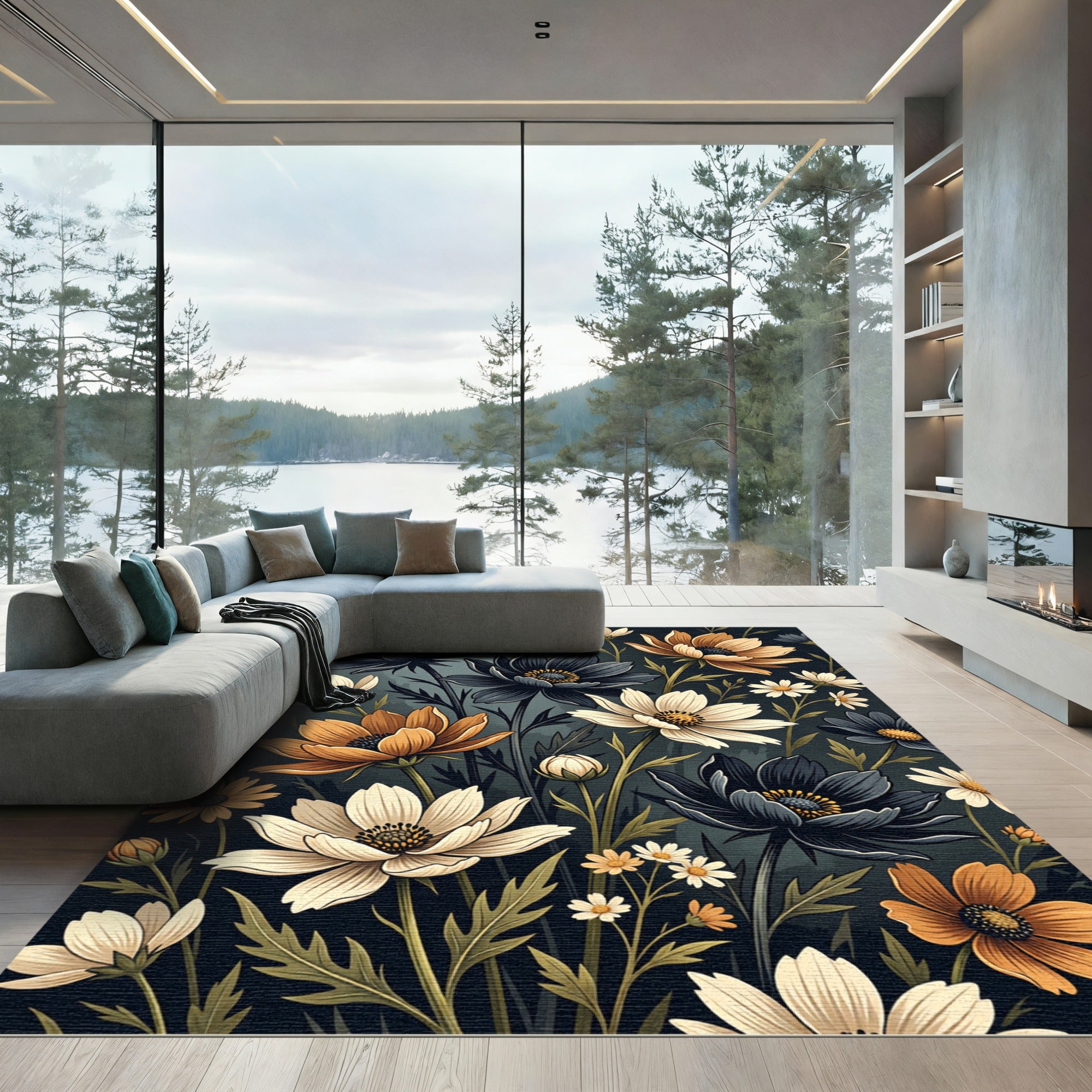 Dark Crimson Orange White Floral Arrangement Rug