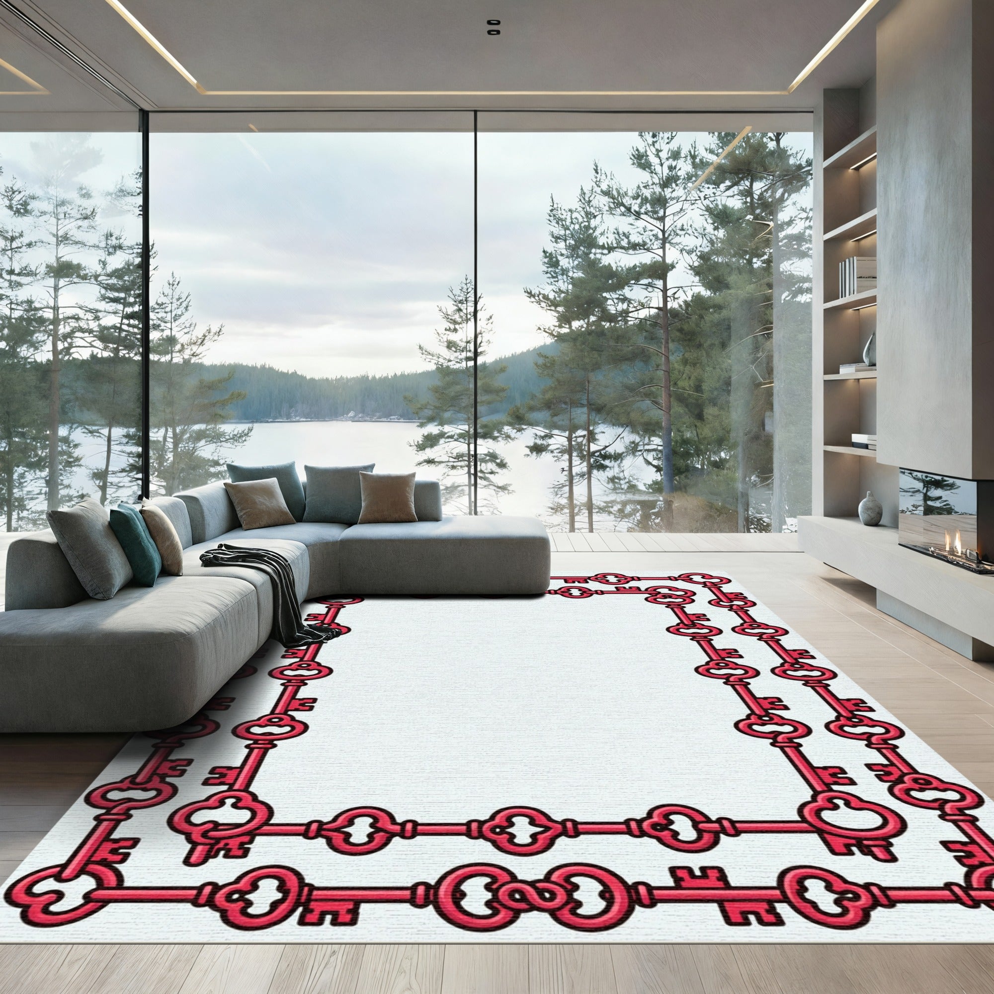 Red Vintage Keys Border Rug