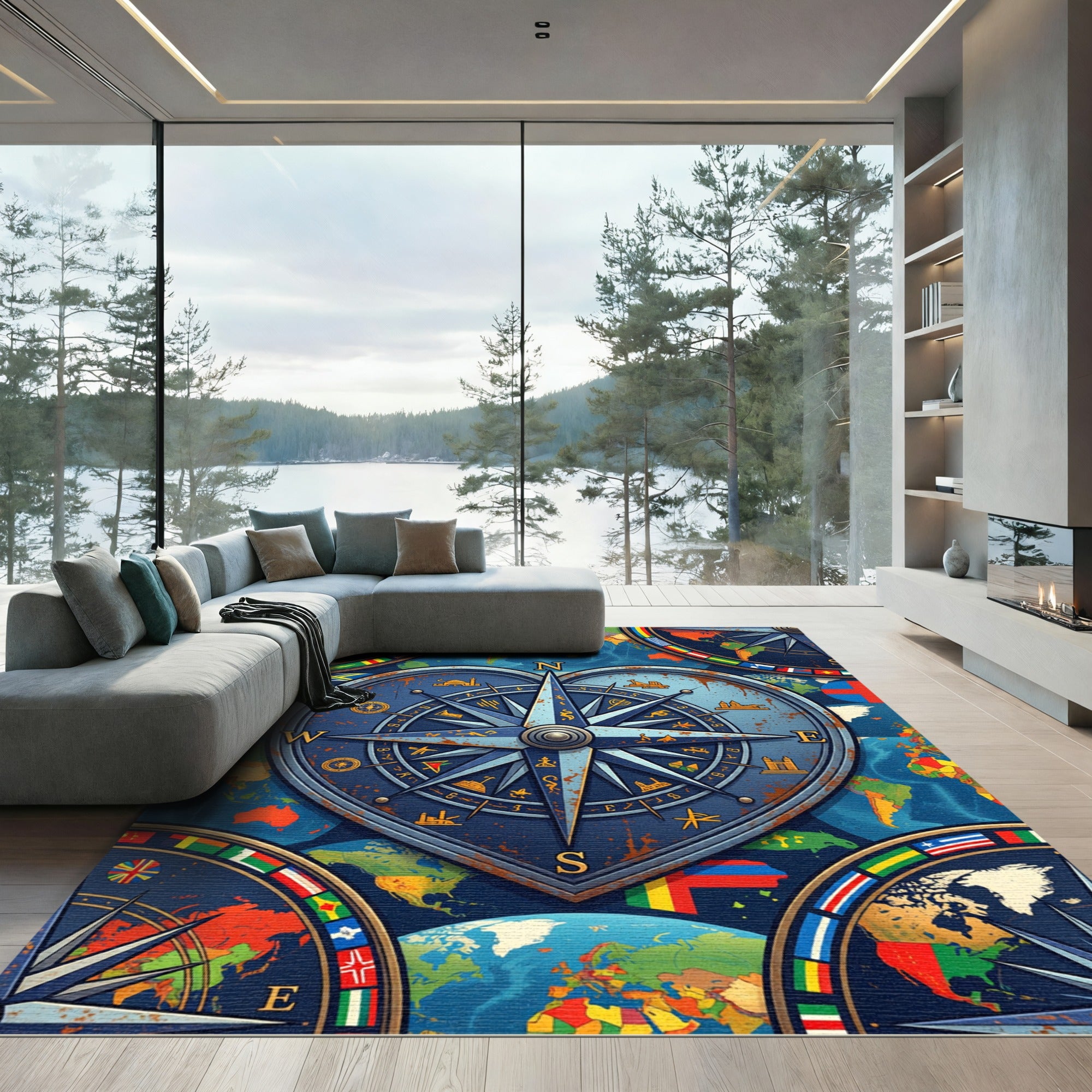 Vintage Heart Compass World Map Navigation Rug