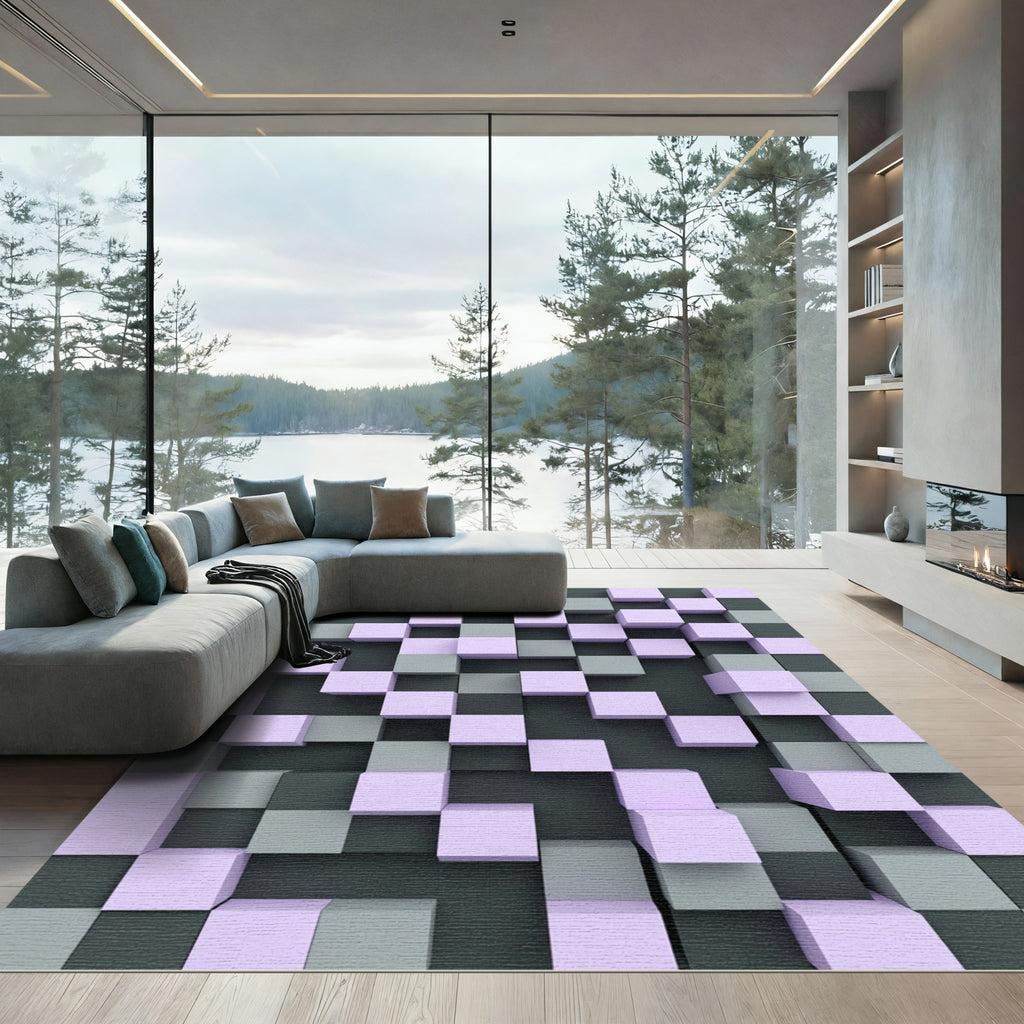 Lavender Gray Checkerboard Cubes Rug