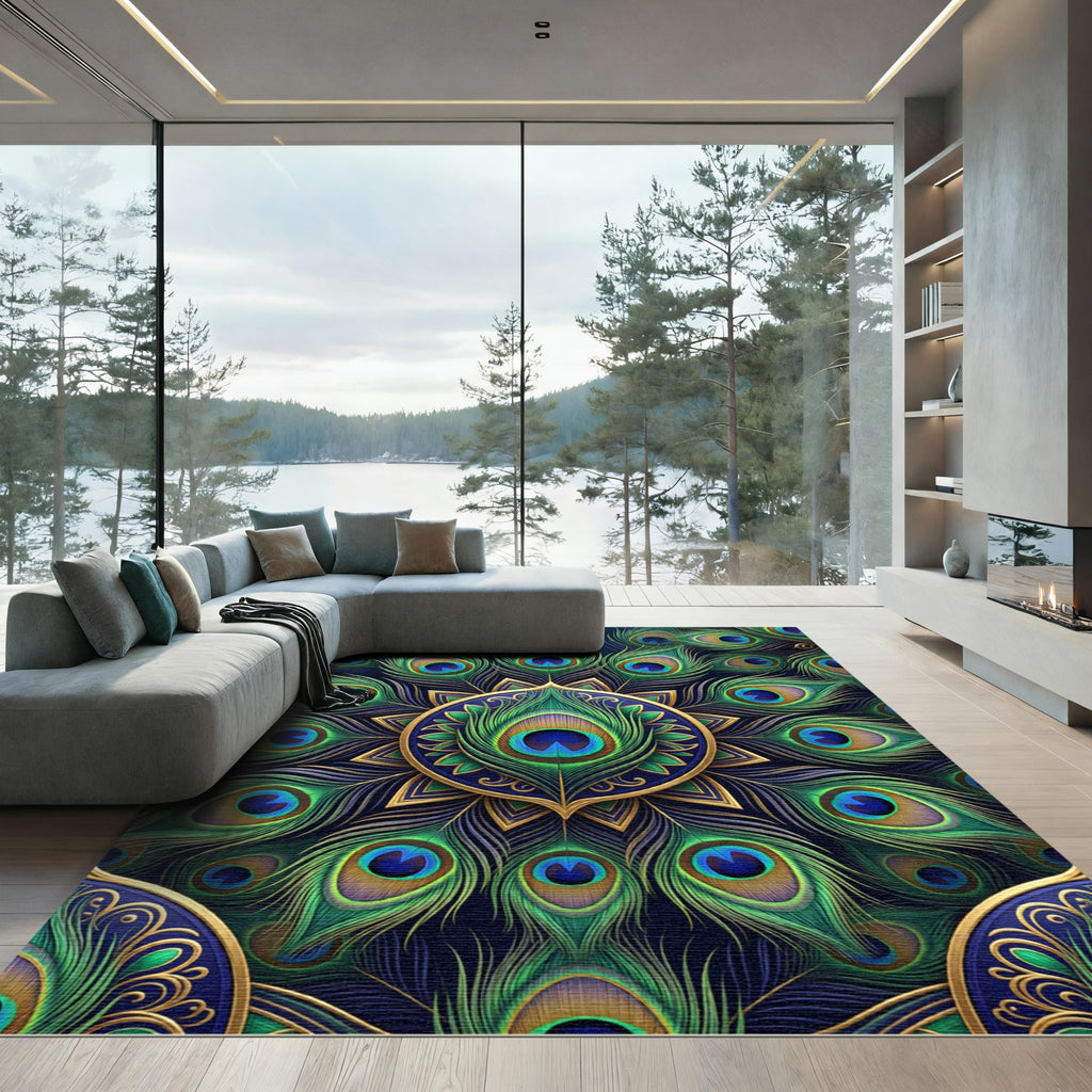 Elegant Peacock Feather Gold Mandala Rug