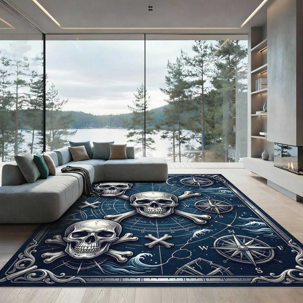Midnight Nautical Skull Compass Maritime Map Rug