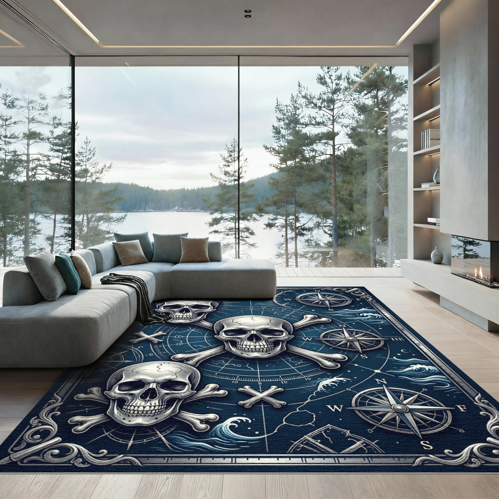 Midnight Nautical Skull Compass Maritime Map Rug
