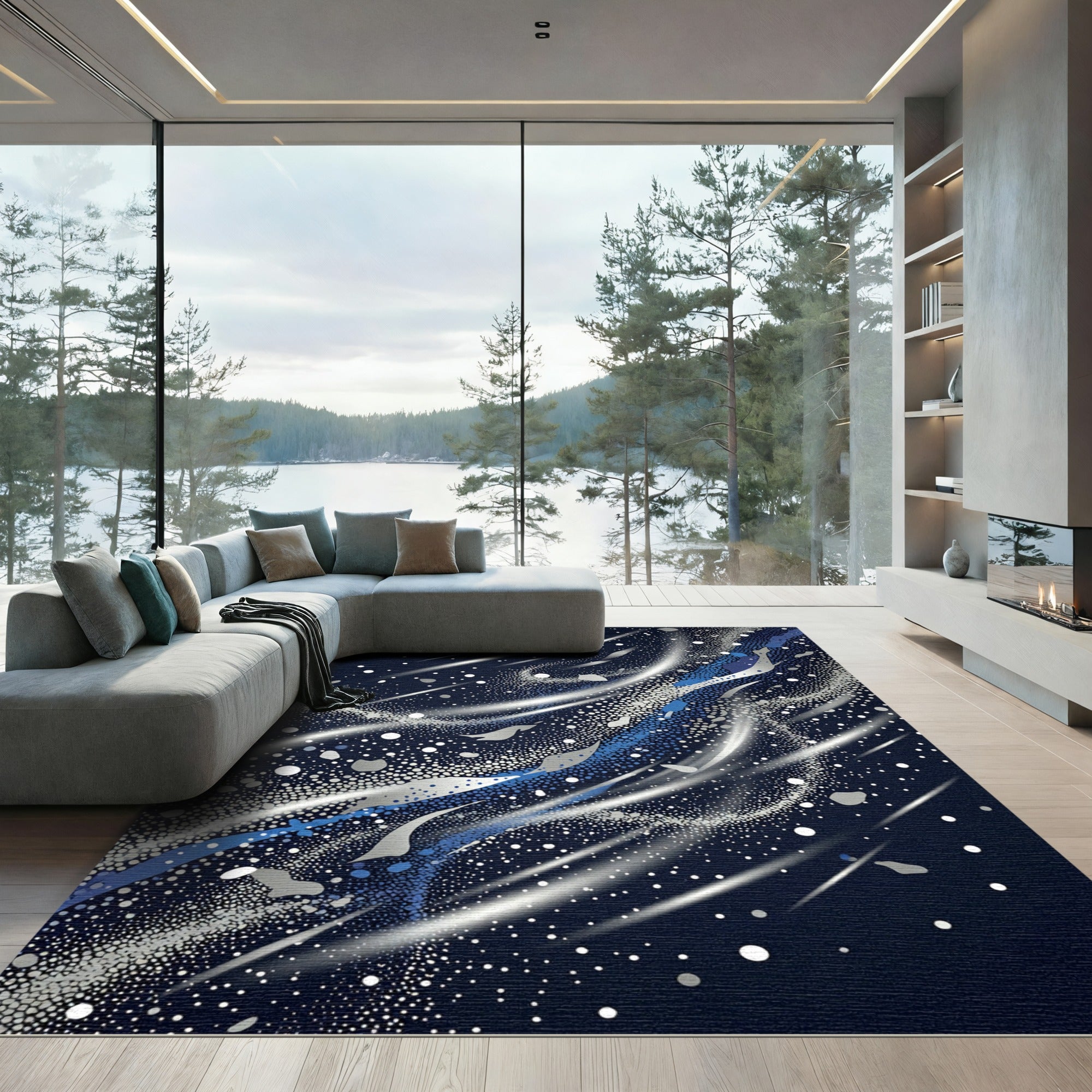 Cosmic Midnight Blue Swirl Nebula Rug
