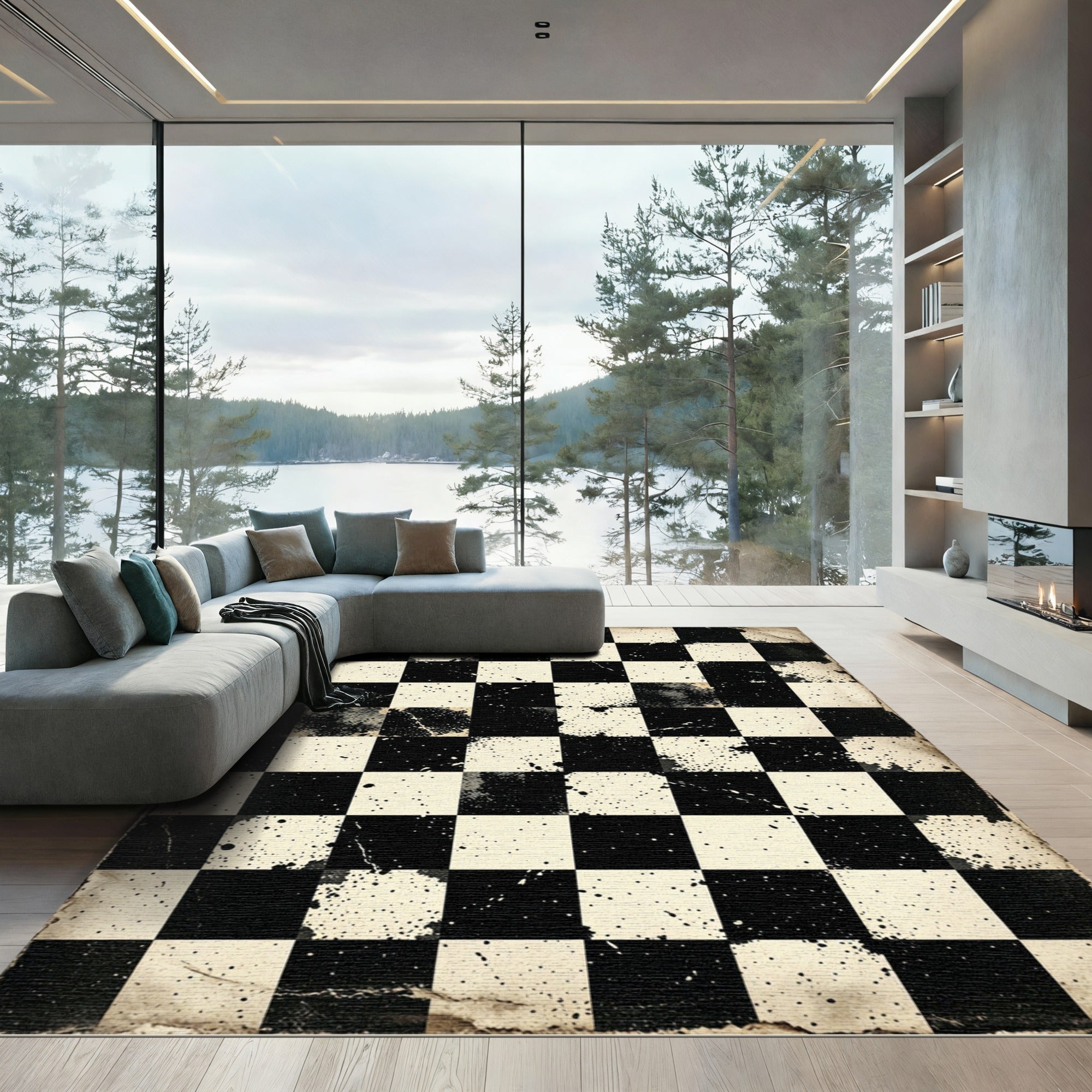 Distressed Black White Chessboard Splatter Rug