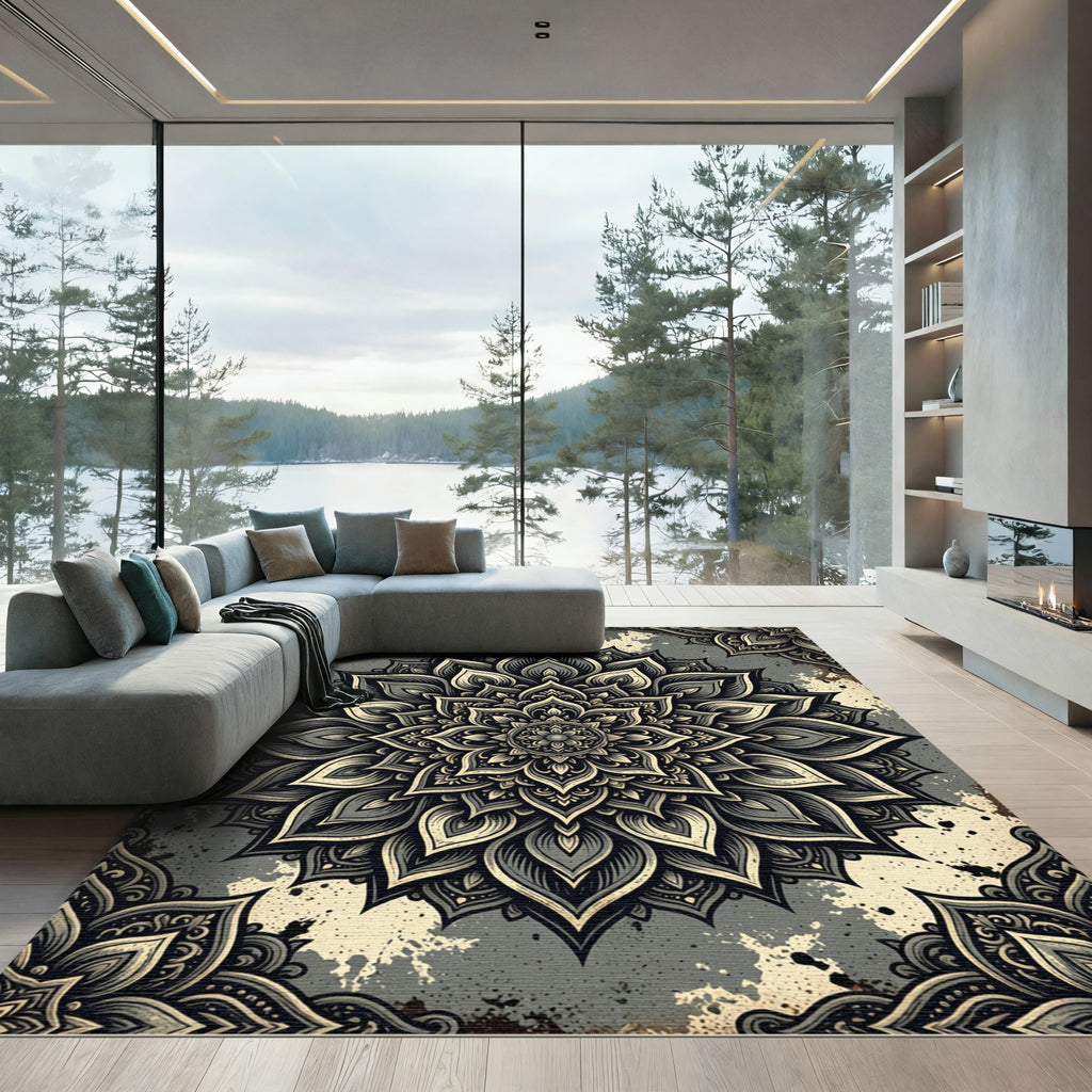 Dark Gray Floral Mandala Medallion Rug