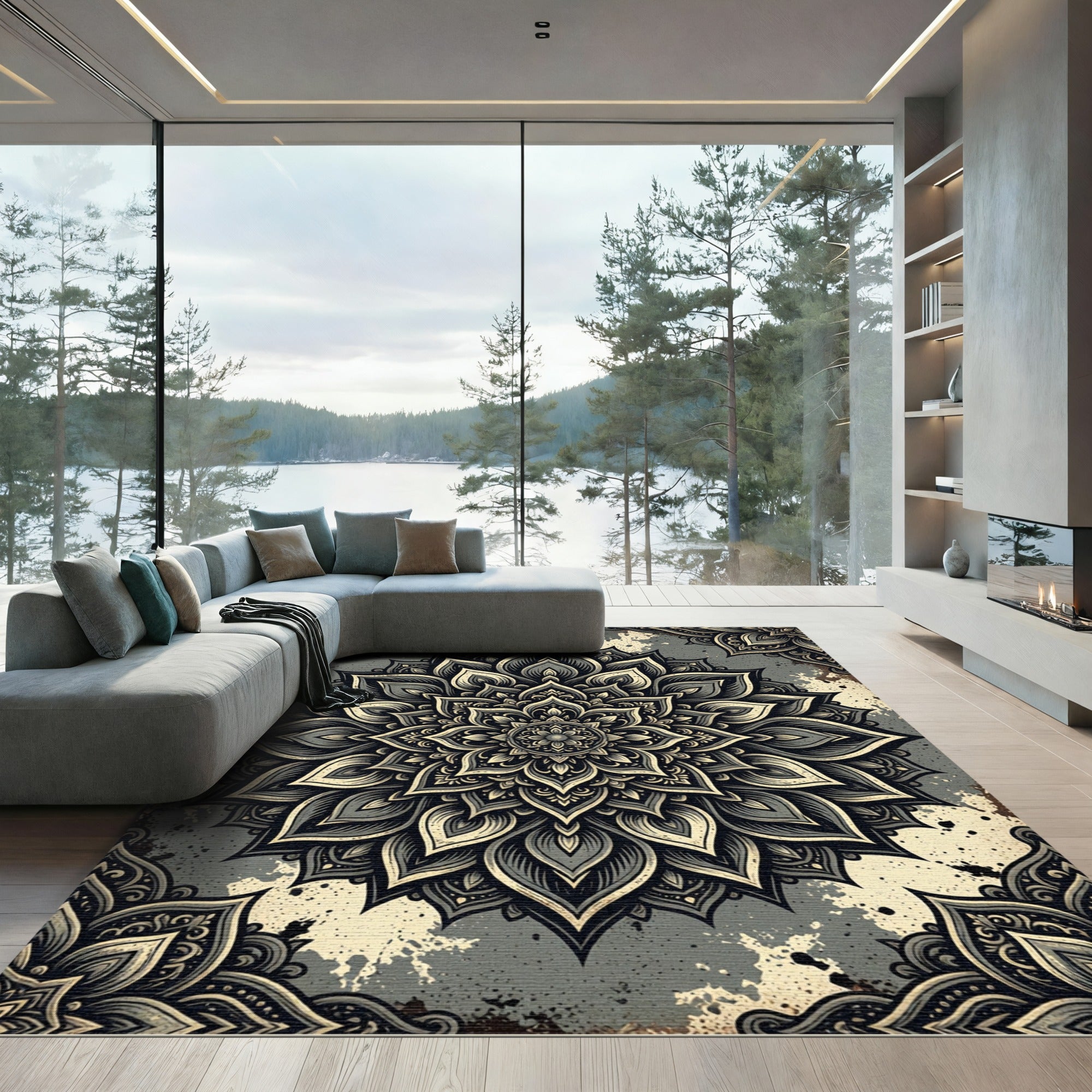 Dark Gray Floral Mandala Medallion Rug
