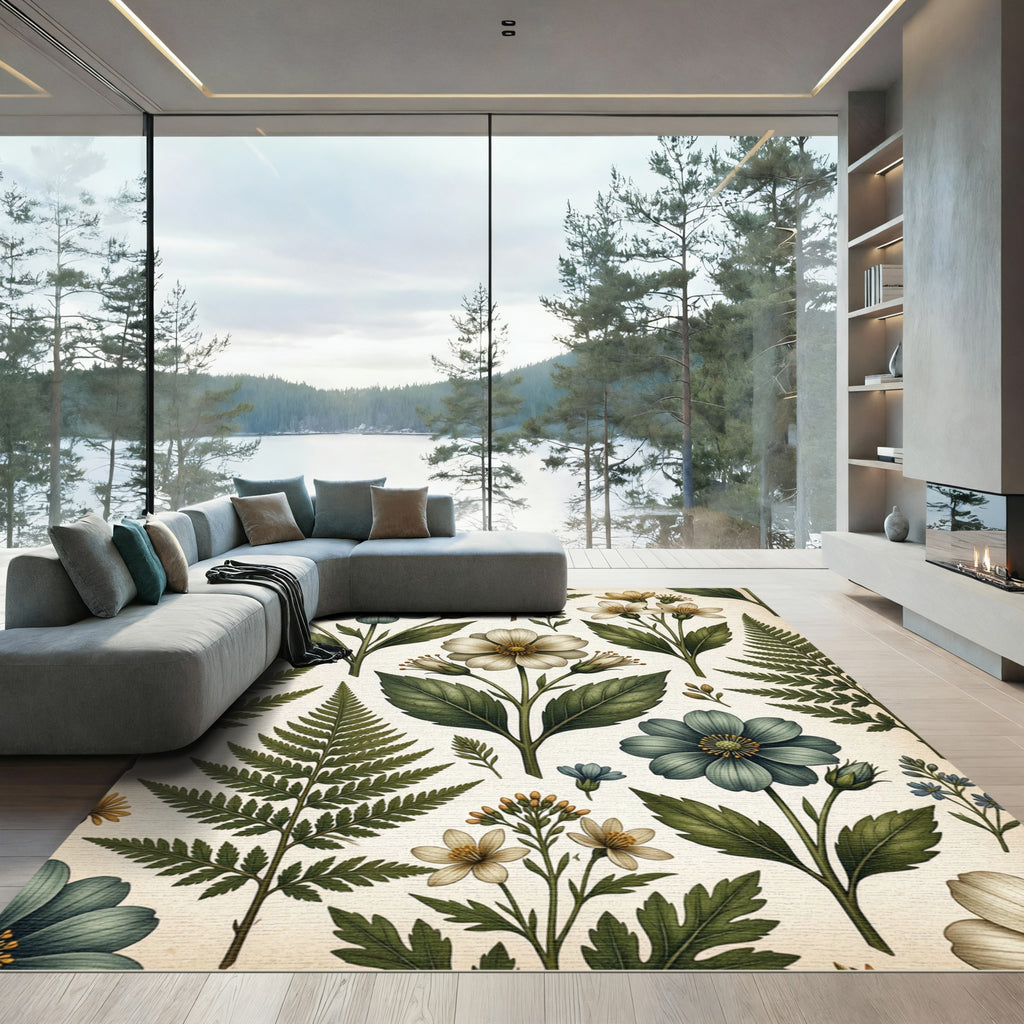 Earthy Tone Wildflower Fern Botanical Rug