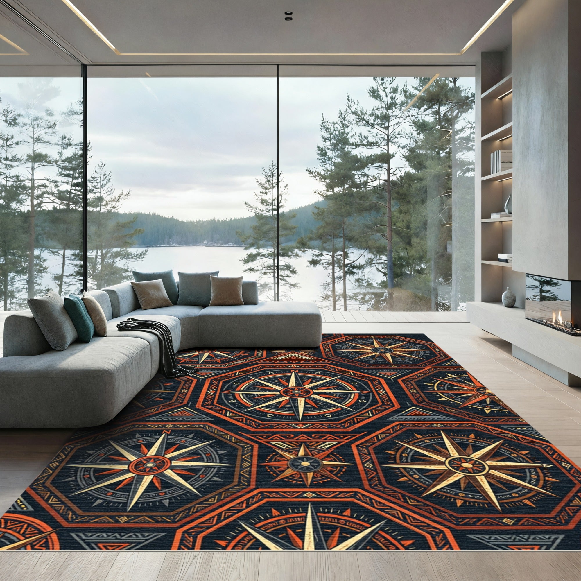 Ancient Compass Rose Medallion Accent Rug