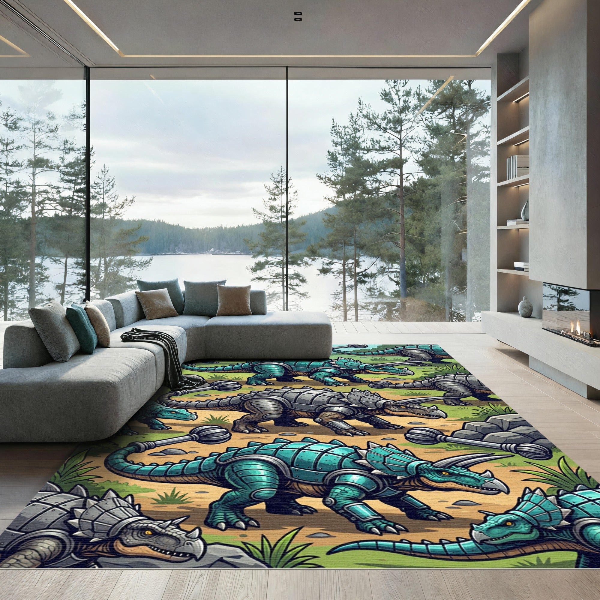 Teal Armored Triceratops Dinosaur Landscape Rug