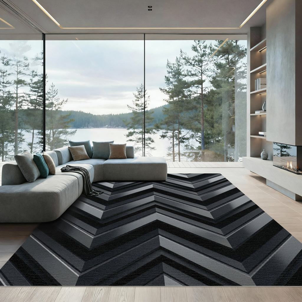 Sophisticated Charcoal Metallic Chevron Geometry Rug