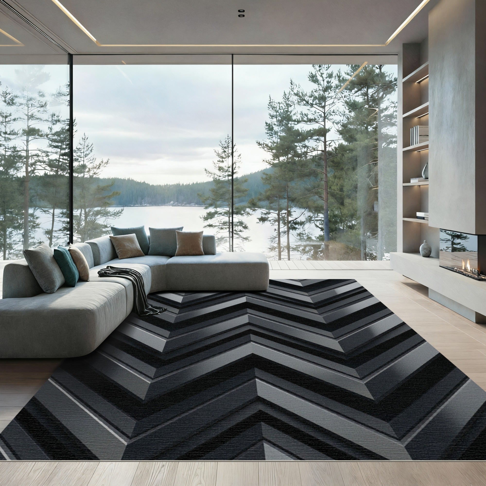 Sophisticated Charcoal Metallic Chevron Geometry Rug