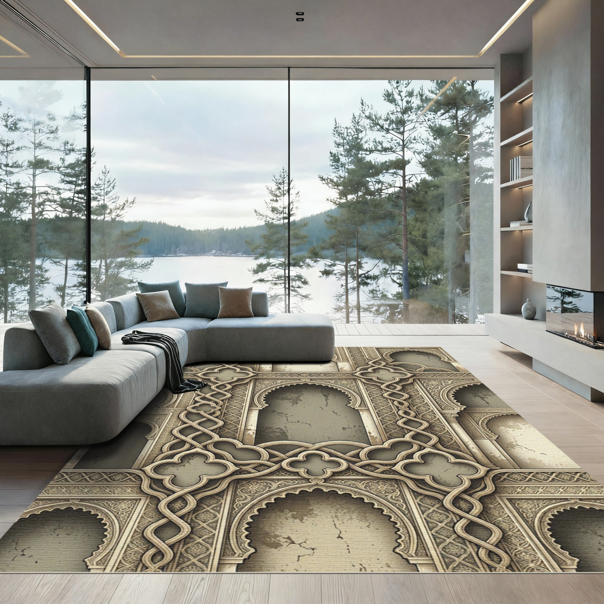 Ornate Light Gold Archway Pattern Rug